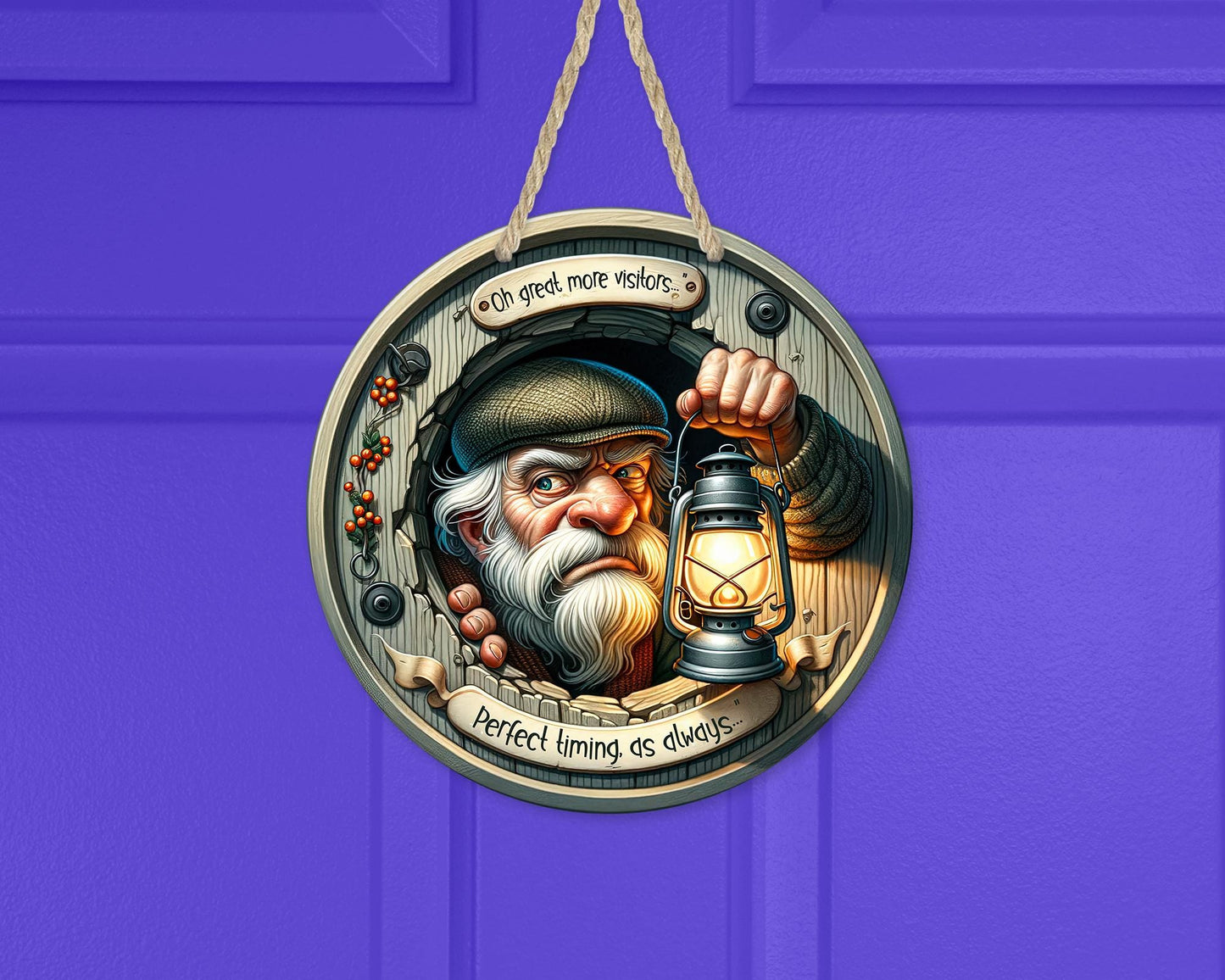 Quirky Round Door Hanger with Funny Old English Man Lantern Quote - Unique Housewarming Gift for Dad or New Home