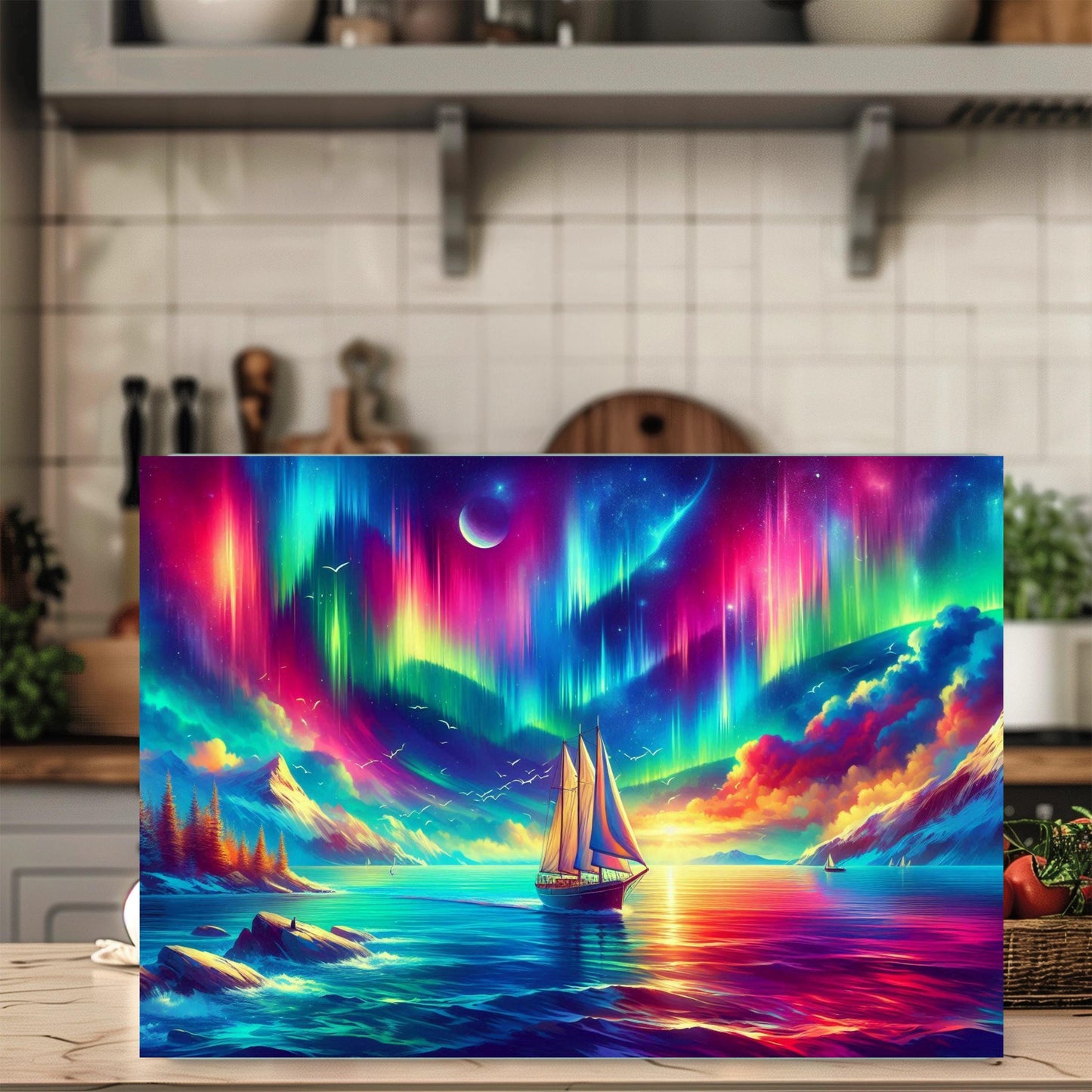 Nautical Sailboat Glass Cutting Board - Northern Lights Inspired Kitchen Decor