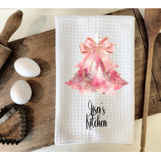 Personalized Christmas Tree Kitchen Towel in Pink Gold - Waffle Weave Design