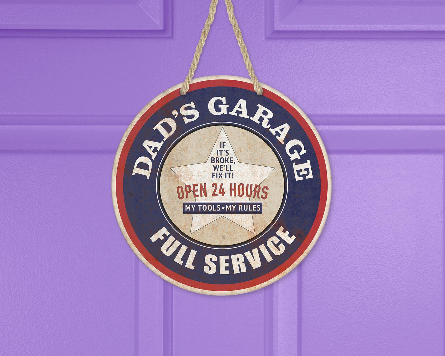 Aluminum Round Door Wreath 10x10 - Dads Garage My Tools My Rules - Unique Fathers Day Gift Garage Decor