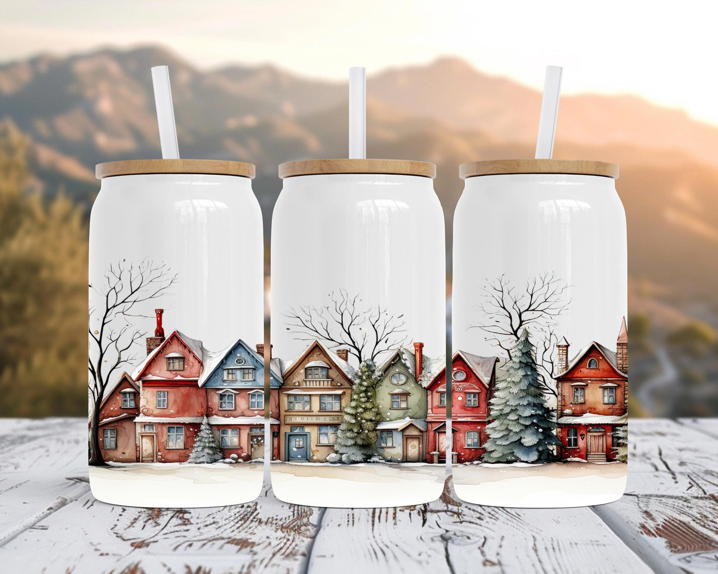 Winter Vintage Houses 16oz Insulated Soda Can with Bamboo Lid