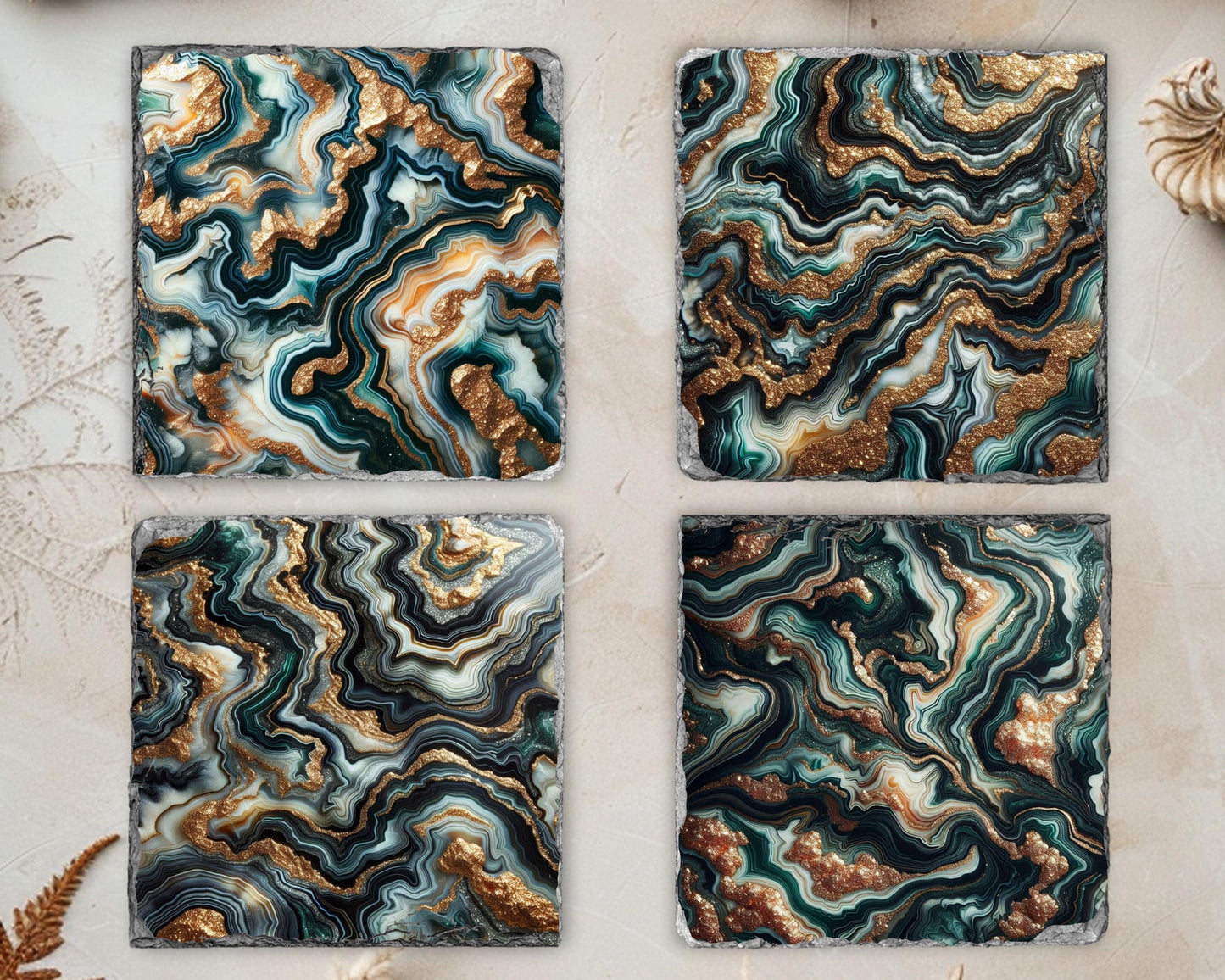 Fractured Edge Slate Coaster Set of 4 with Green Agate Pattern Gold Faux Glitter - Unique Housewarming Gift Elegant Home Décor