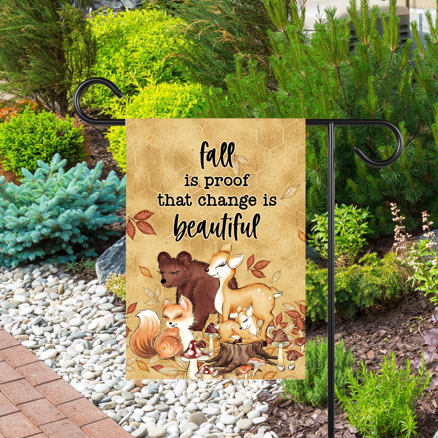 Double-Sided Woodland Creatures Fall Garden Flag with Change is Beautiful Quote - 12x18 Inch
