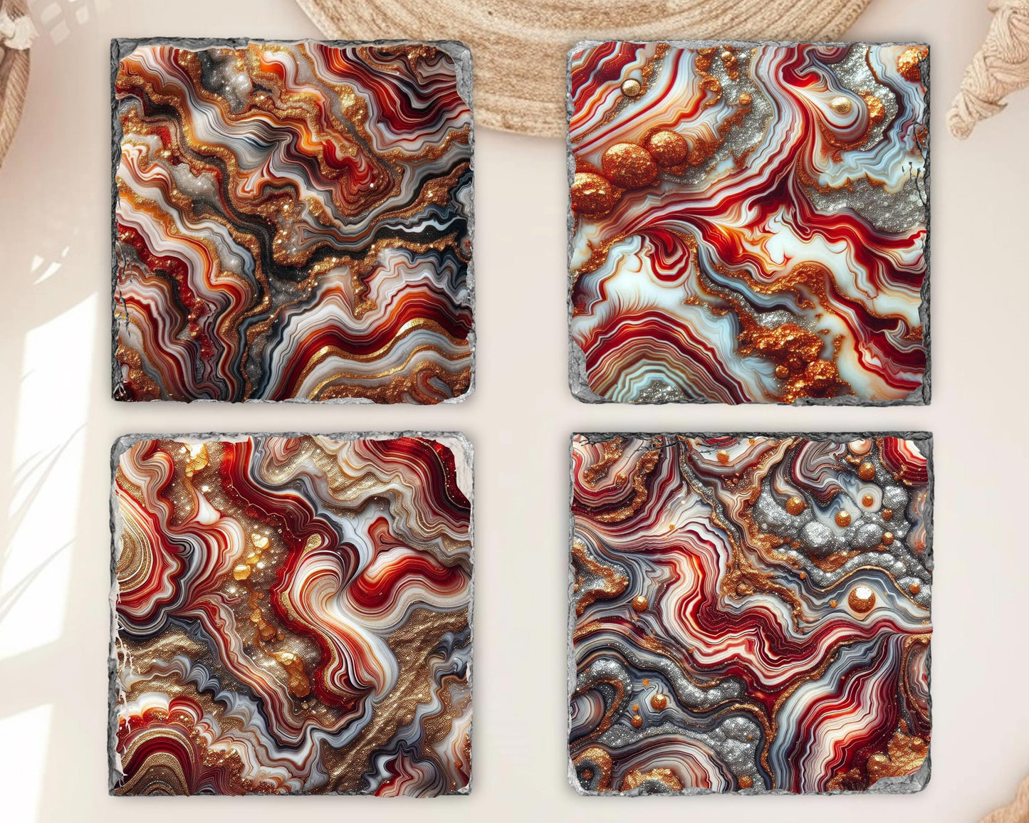 Fractured Edge Slate Coasters Set of 4 with Red Gold Glitter Agate - Unique Housewarming Gift for New Home Decor