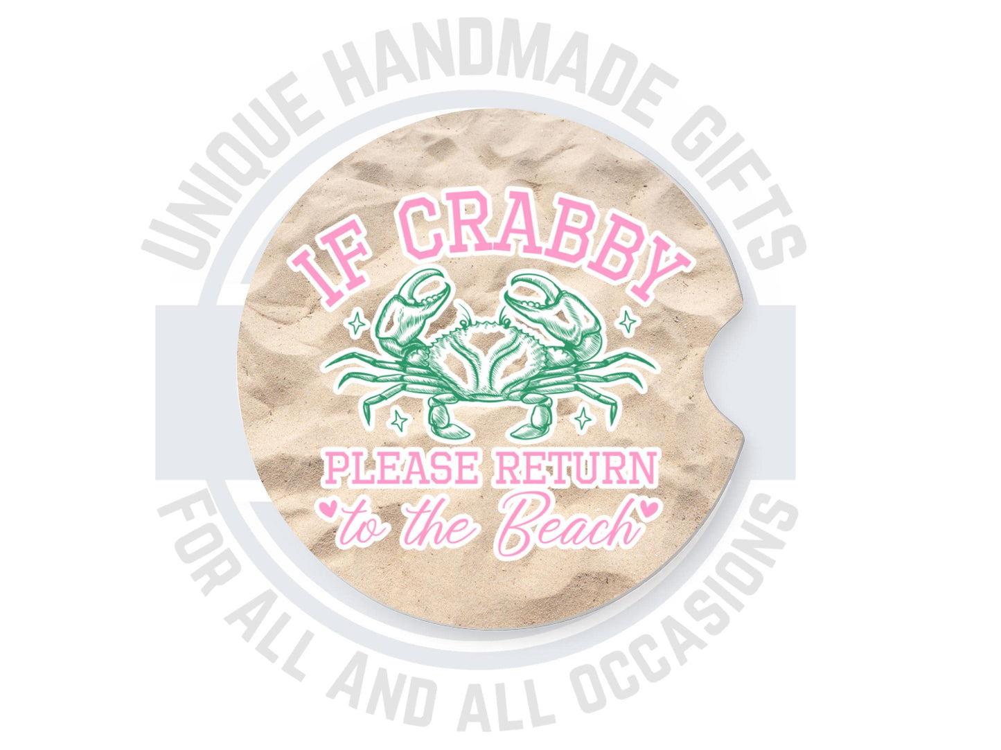 Sandstone Car Coasters with Crab Quote - Beach-Themed Cup Holder Accessories