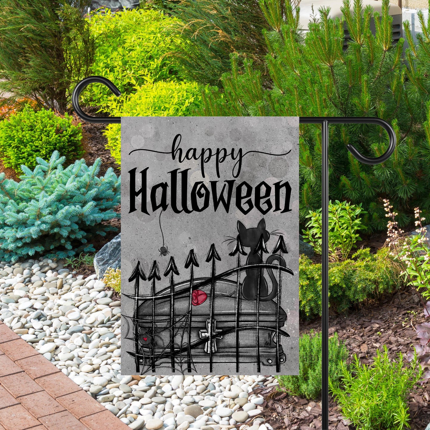 Double-Sided Halloween Garden Flag - Gothic Black Cat Spider Web Design 12x18 Inch