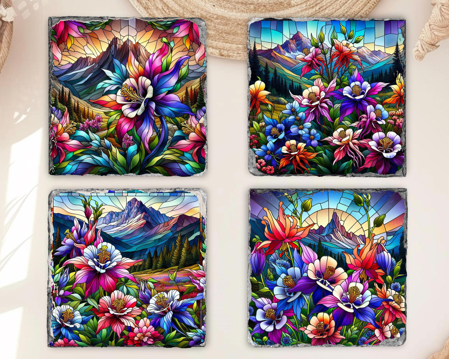 Rocky Mountain Columbine Slate Coaster Set - Rustic Nature-Inspired Home Decor Gift