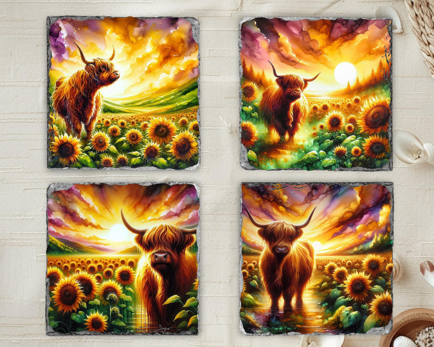 Highland Cow Slate Coaster Set with Sunflower Meadow Design Unique Fractured Edges