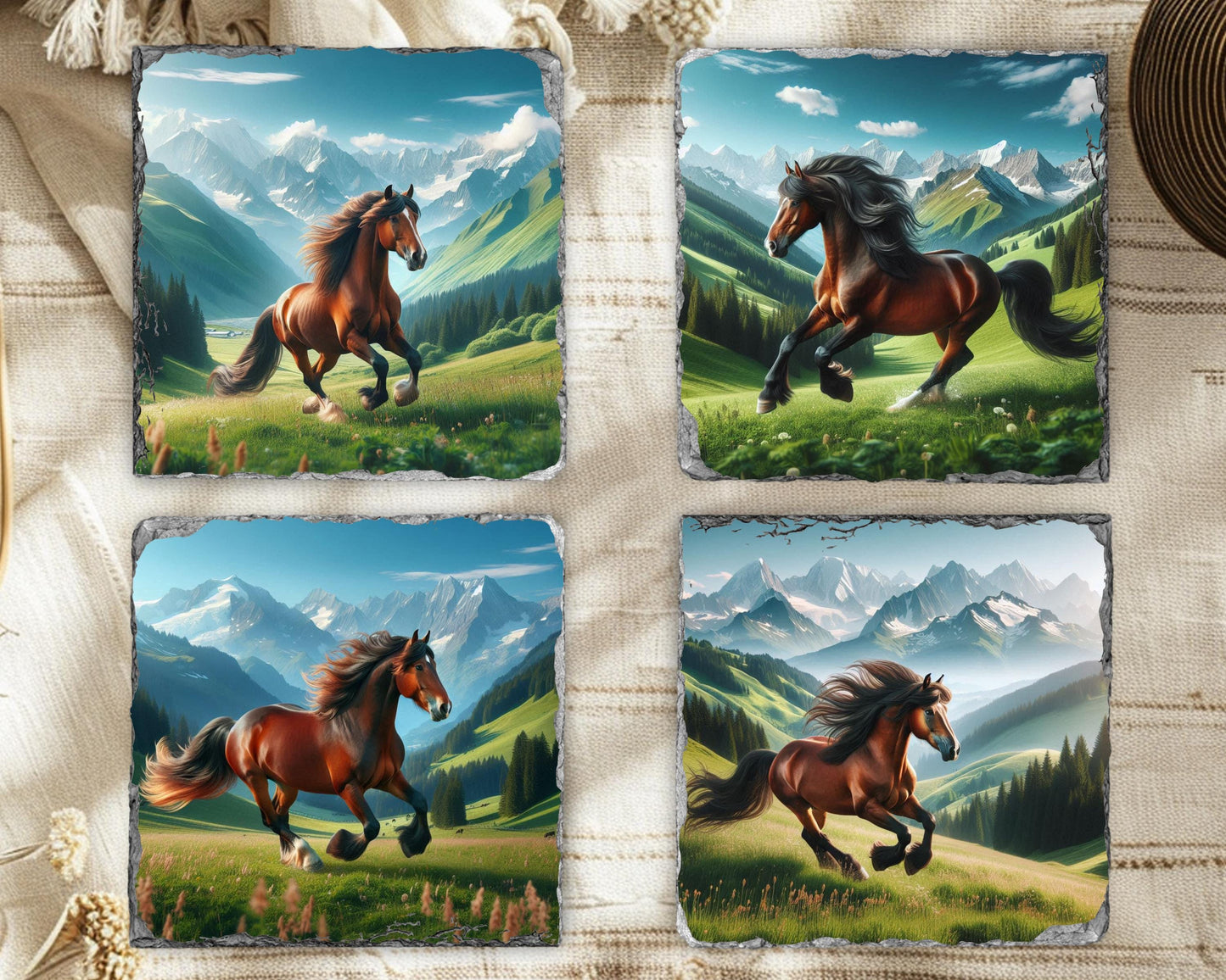 Horse Slate Coaster Set with Rack - Rustic Mountain Valley Art for Equestrian Farmhouse Decor