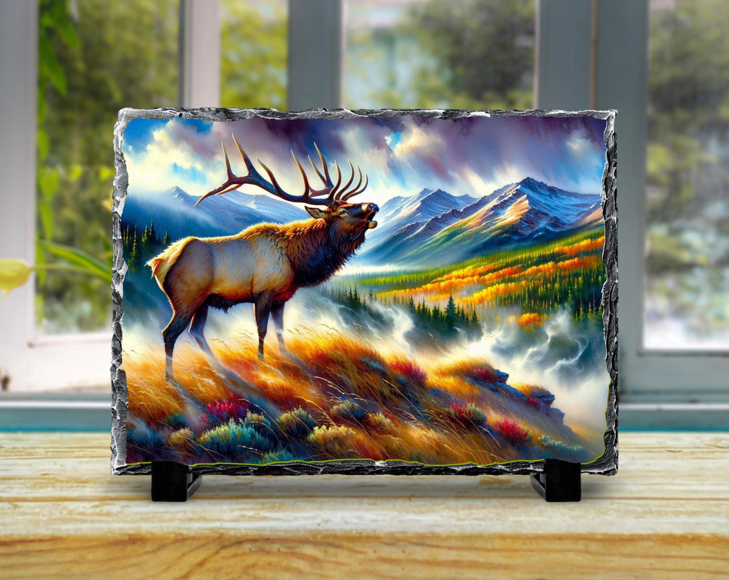 Bugling Elk Slate Plaque - Fall Morning Fog Mountain Valley Wildlife Art for Rustic Cabin Decor