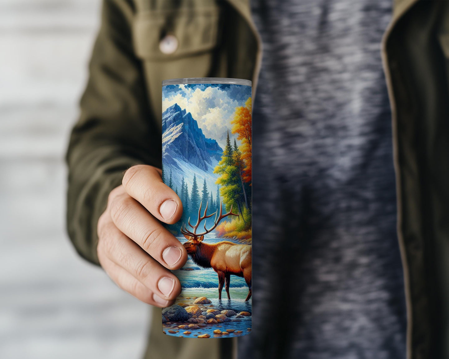 Elk Tumbler - 20oz or 30oz Colorful Fall Mountain River Scene Perfect Gift for Wildlife Enthusiasts