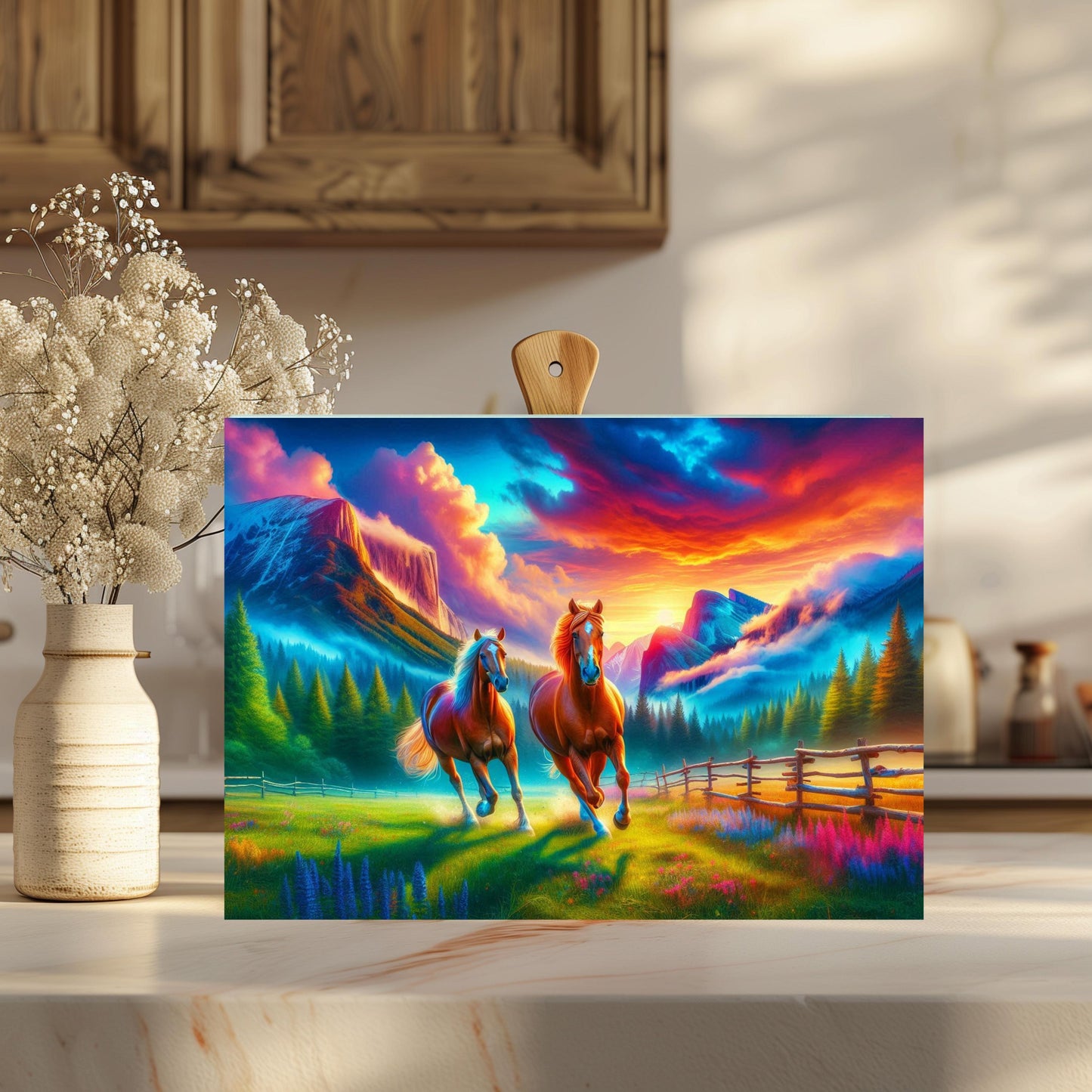 Horse Sunset Cutting Board - Galloping Horses in Mountain Valley - Perfect Gift for Horse Lovers and Farmhouse Kitchens