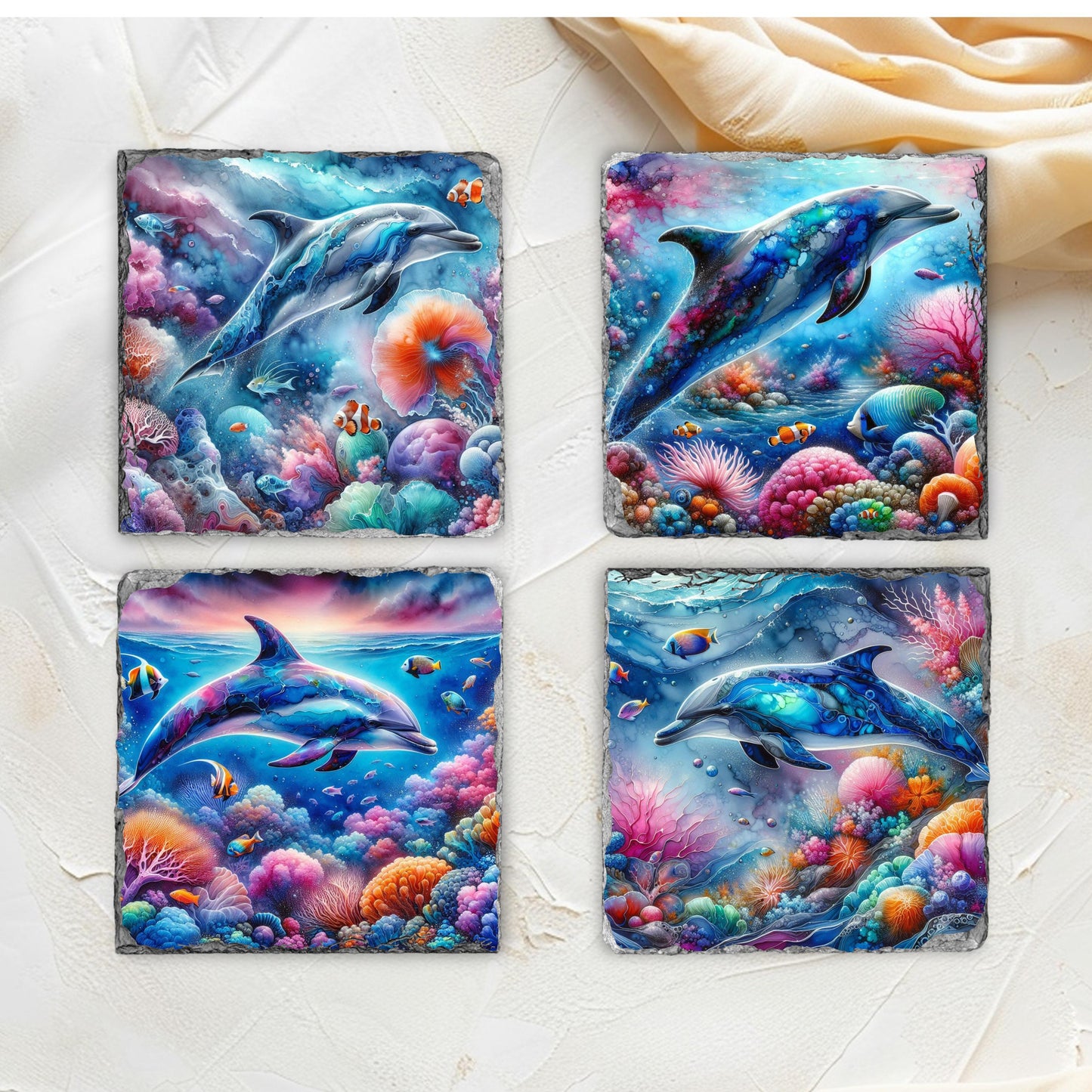 Dolphin Slate Coaster Set with Rack - Ocean-Themed Drink Coasters for Beach House Decor Gifts
