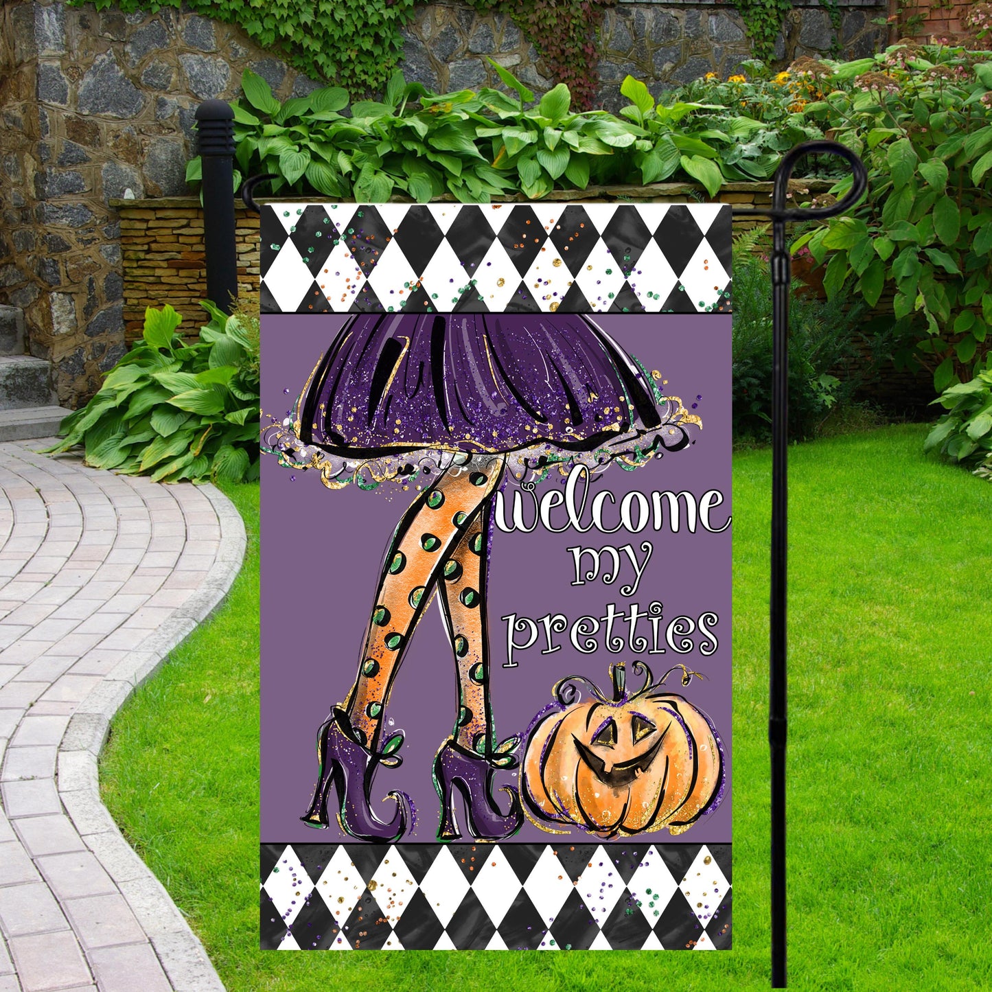 Double-Sided Halloween Garden Flag - 12x18 Inch Witch Legs Welcome My Pretties