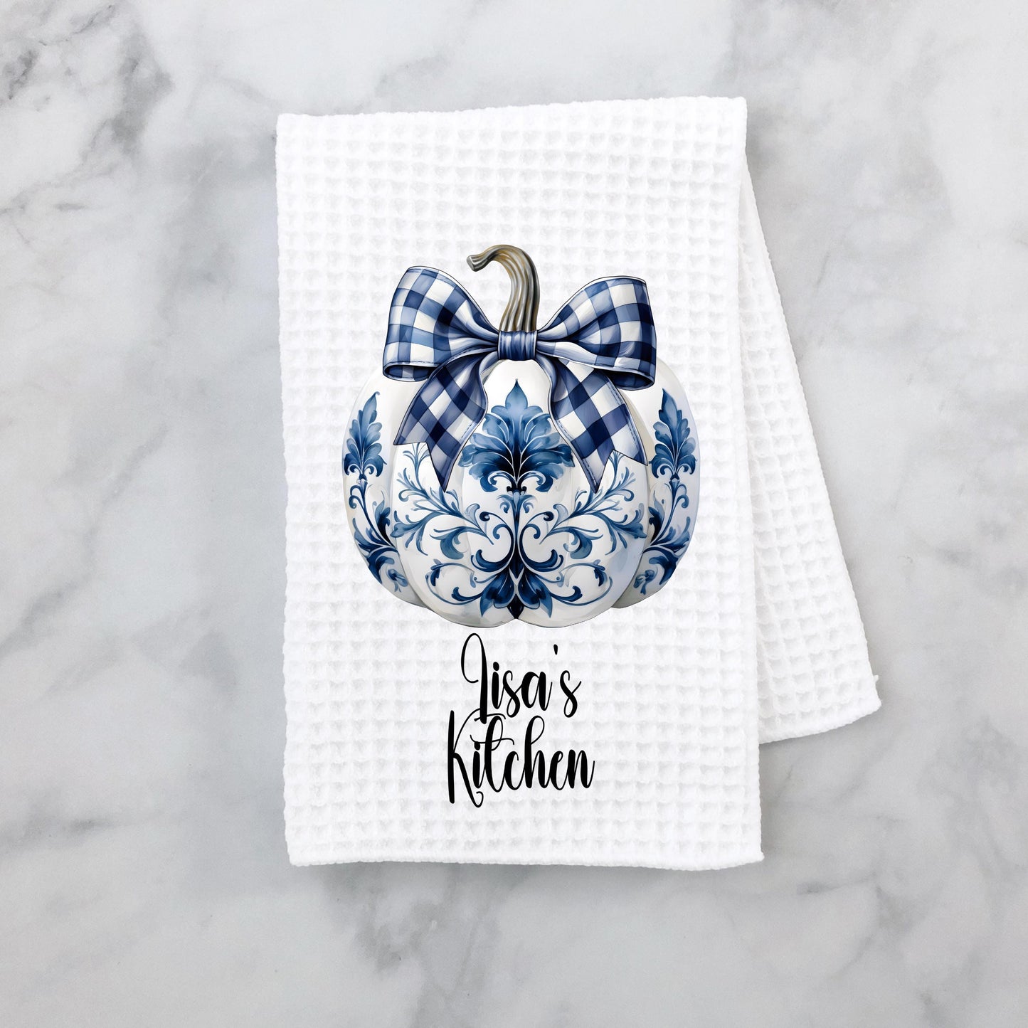Chinoiserie Coquette Pumpkin Waffle Towel, Personalized Name Towel, Unique Hostess Gift