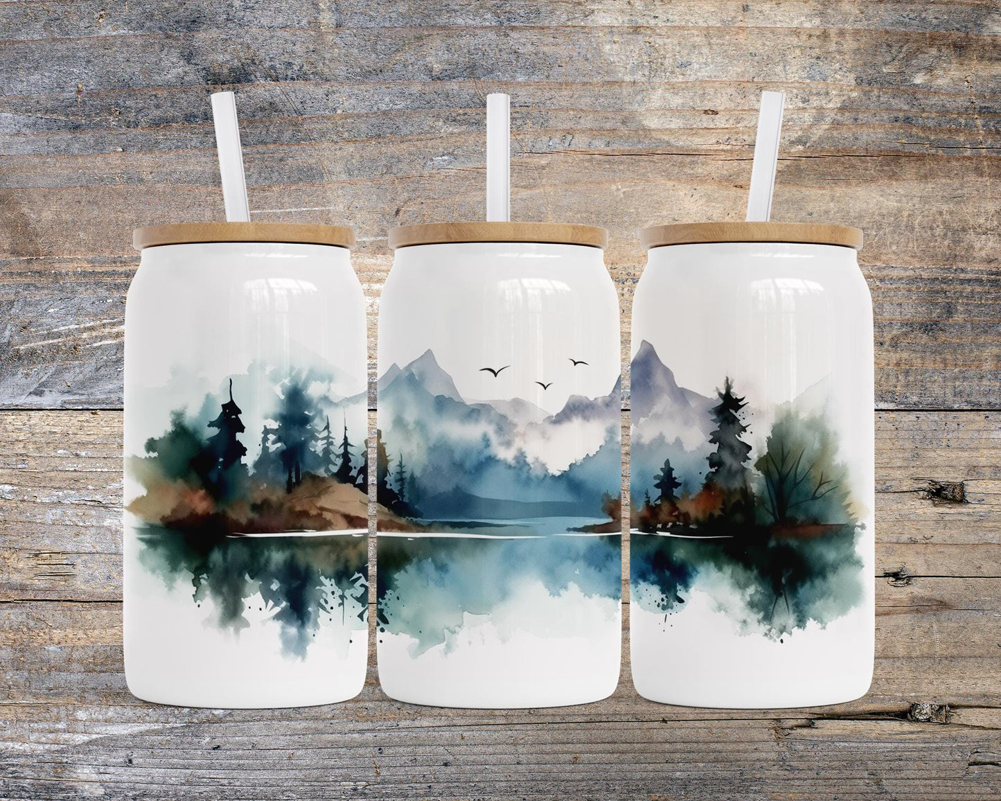 Unique 16 oz Stainless Steel Soda Can, Mountain Landscape Watercolor Design