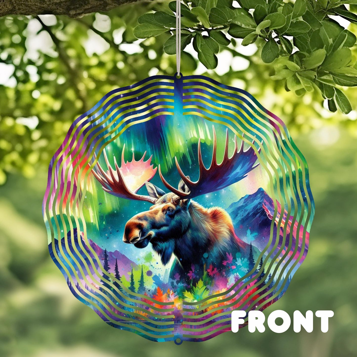 Double-Sided Moose Head Wind Spinner - 10x10 Watercolor Forest Northern Lights Art