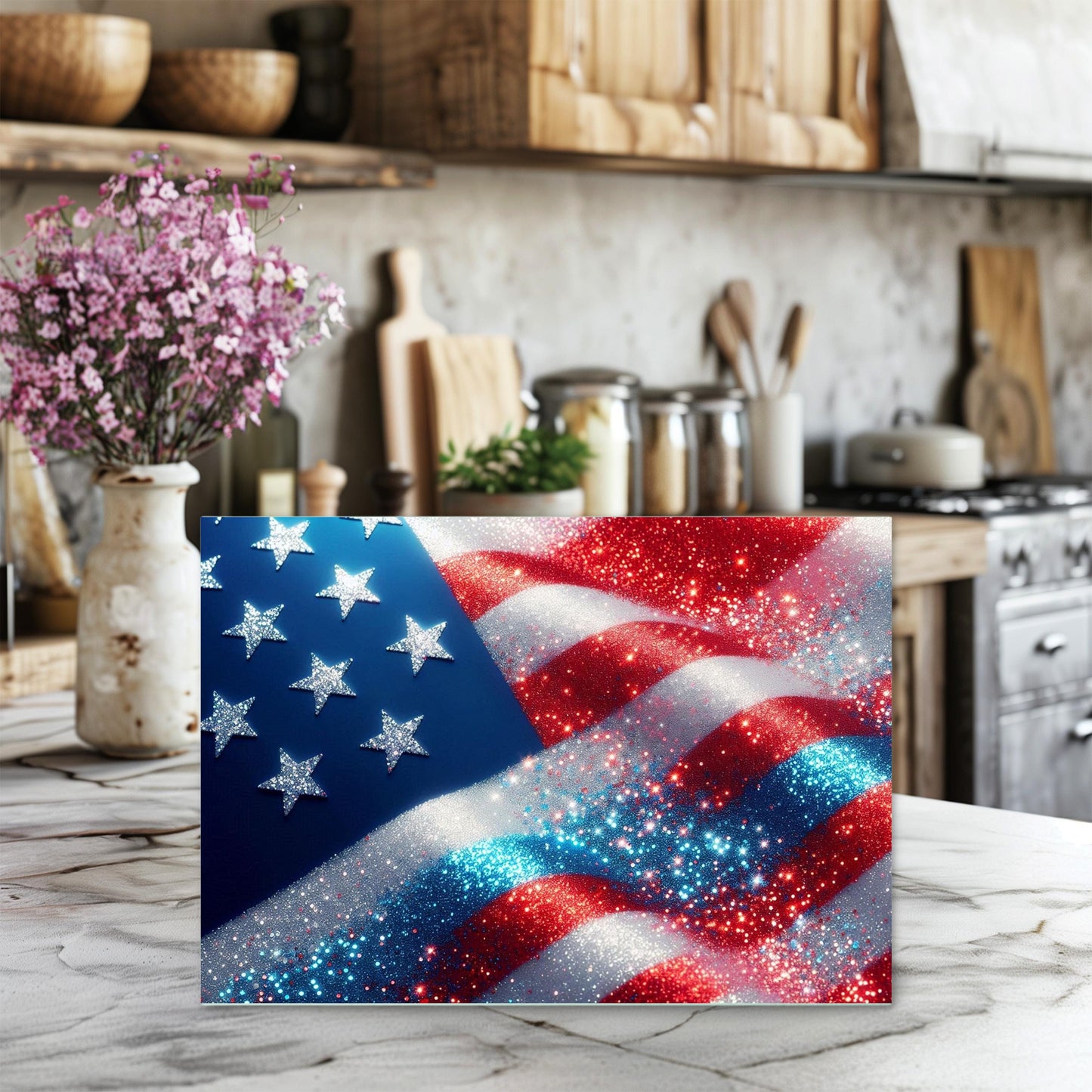 Patriotic Faux Glitter Cutting Board, Large Kitchen Glass Board, Hostess Housewarming Gift, Functional Art, Countertop Decor, Culinary Decor