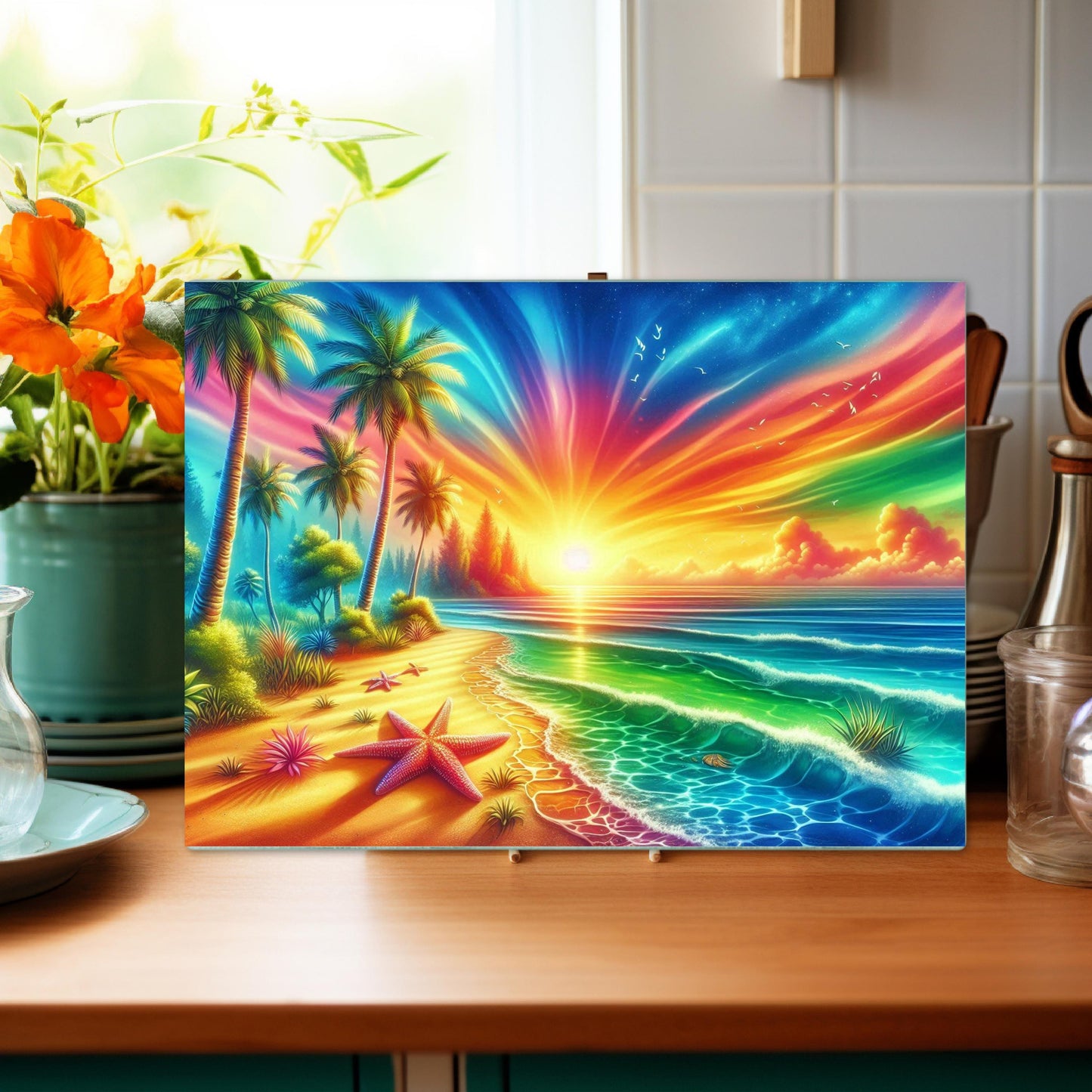 Tropical Sunset Glass Cutting Board with Starfish Design - Ideal Unique Hostess Gift