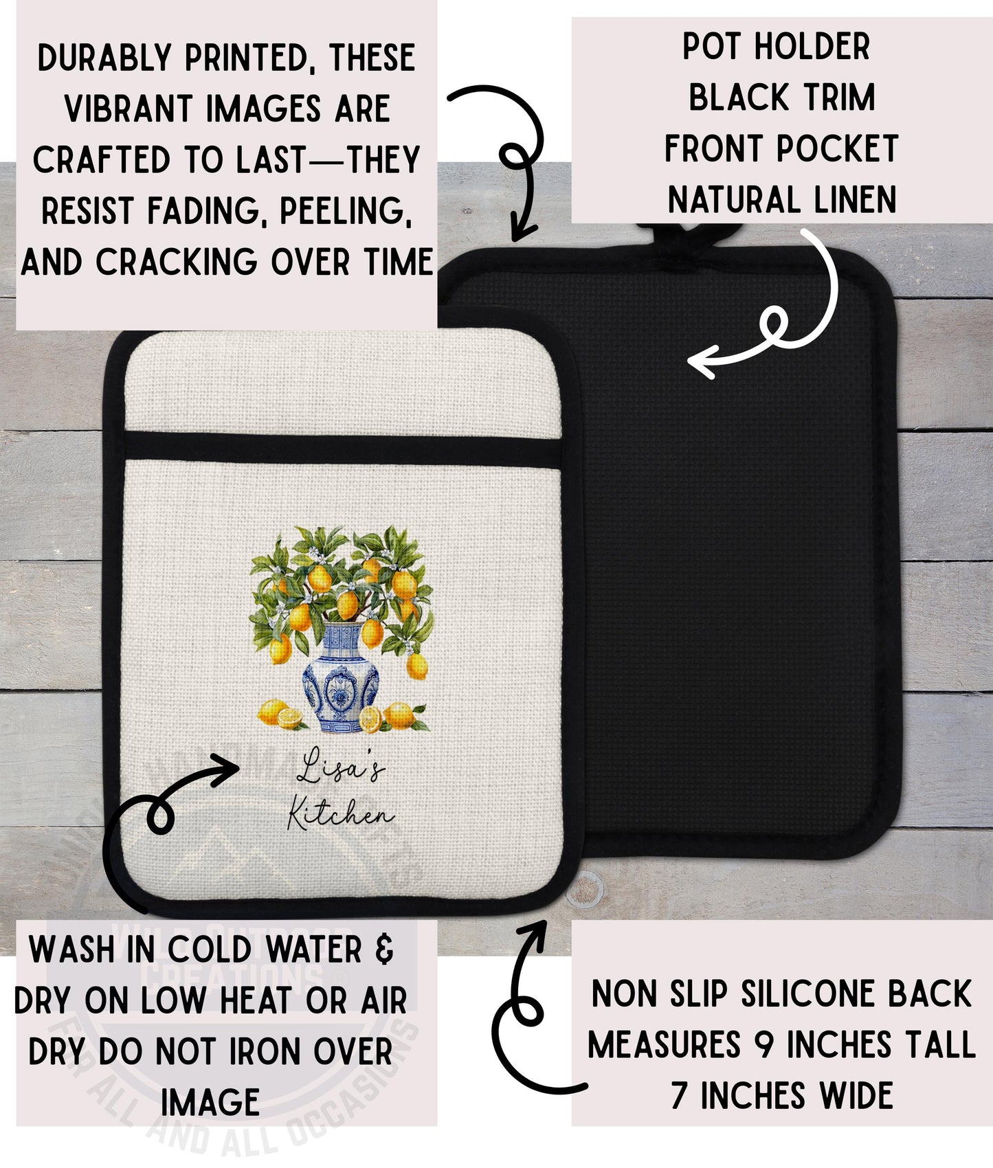 The image is a detailed description of a kitchen accessory, specifically a pot holder. It features a black and white design with a floral pattern and a blue vase with lemons. The pot holder is made of durable materials and has a non-slip back and a dry lining. It is designed to resist fading, peeling, and cracking over time. The pot holder is suitable for use with cold water and can be washed in cold water and dried on low heat or air. It measures 9 inches tall and 7 inches wide.