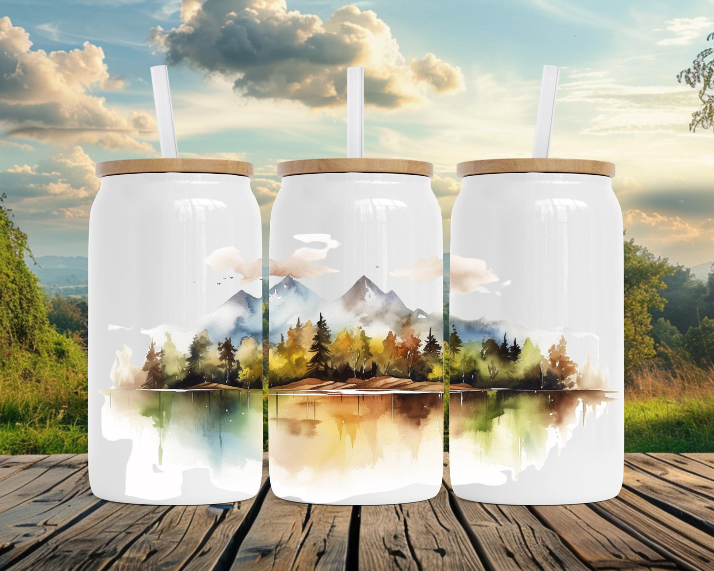Eco-Friendly Stainless Steel Soda Can with Bamboo Lid, Mountain Watercolor Print