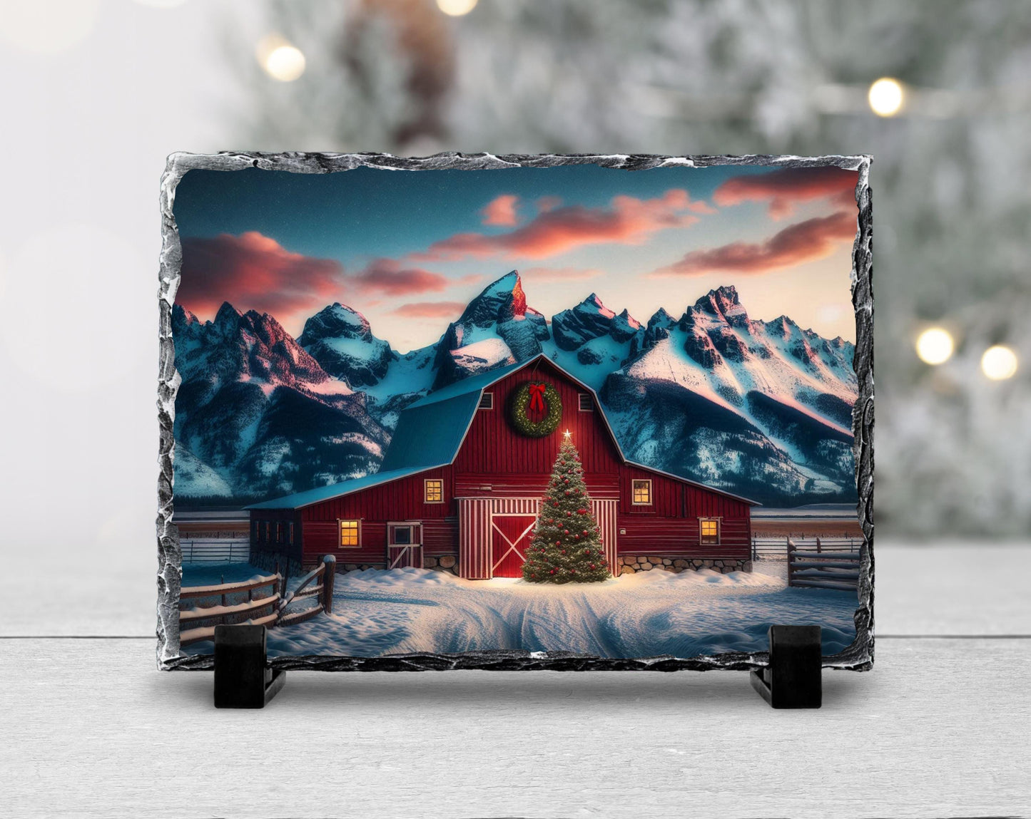 Christmas Slate Sign with Red Barn Mountain Scene - Fractured Edge Holiday Décor Gift