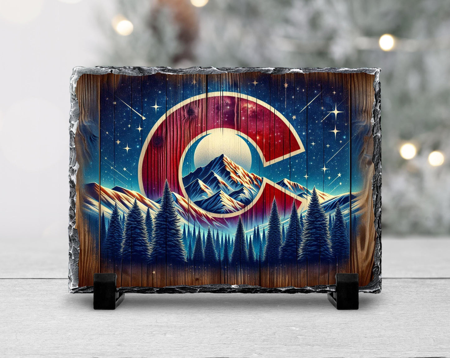 Handcrafted Slate Art - Colorado Mountain Scene with Night Sky Shooting Stars Rustic Home Decor Gift