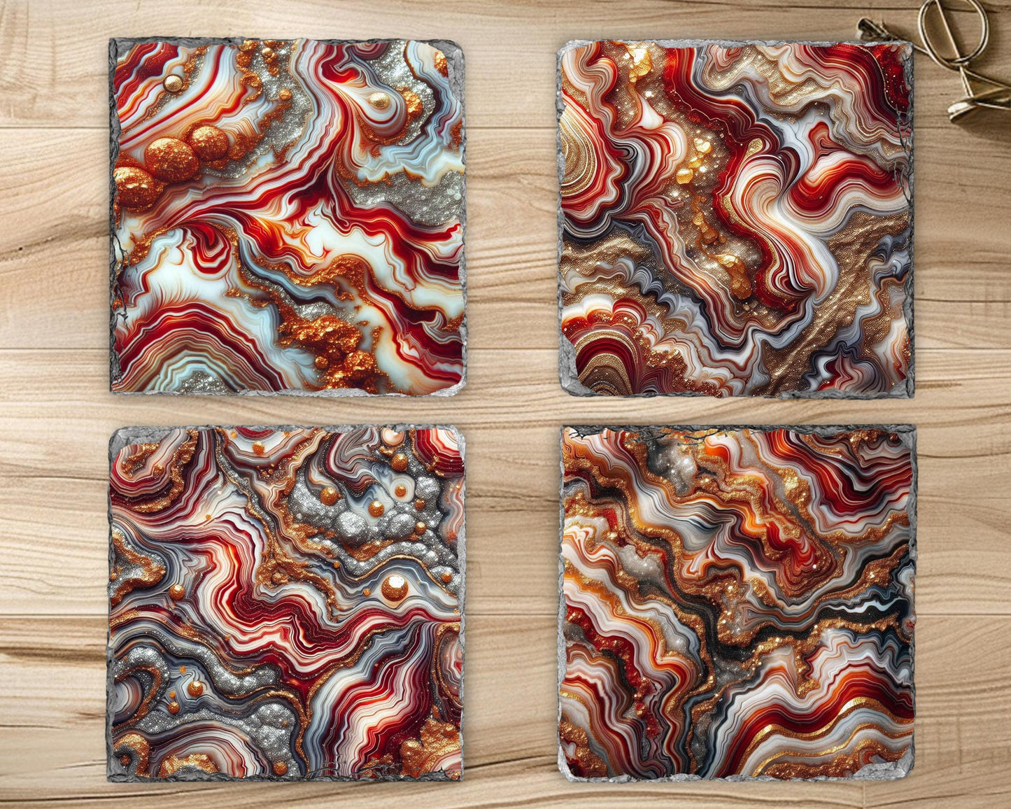 Fractured Edge Slate Coasters Set of 4 with Red Gold Glitter Agate - Unique Housewarming Gift for New Home Decor