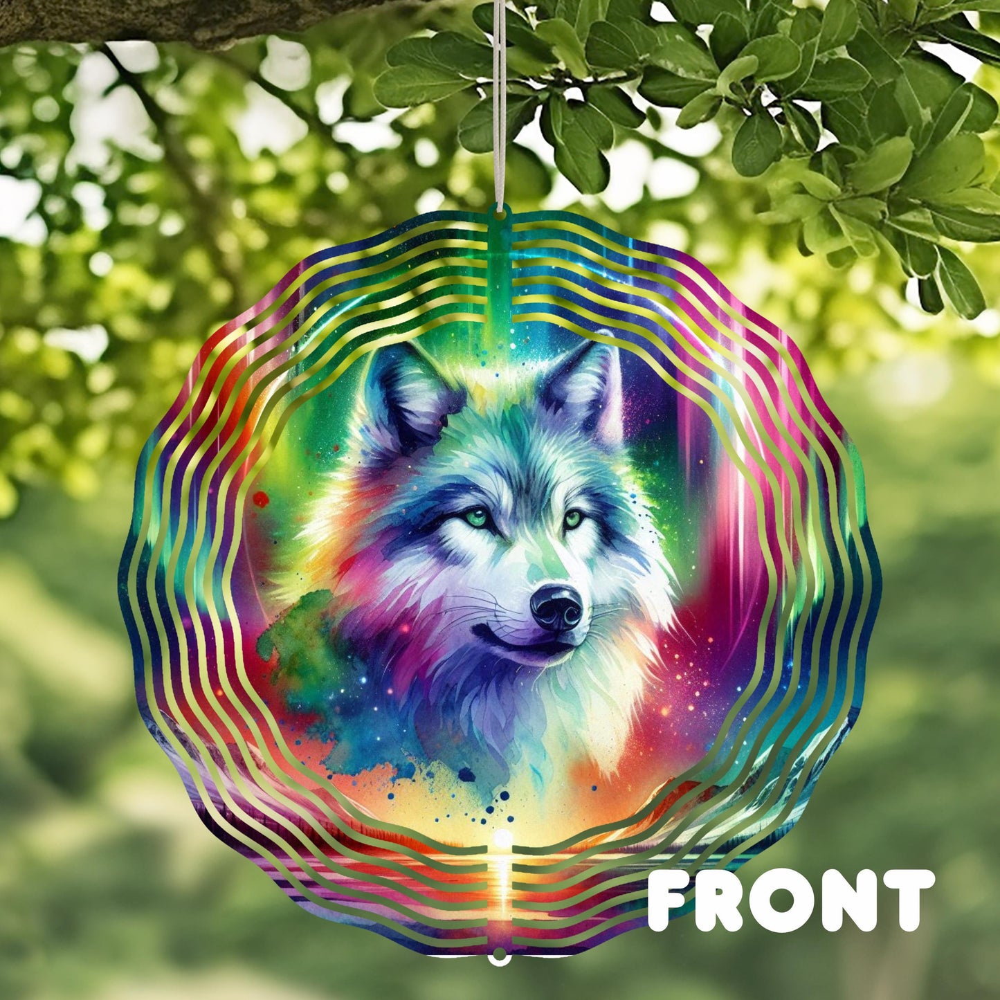 Wolf Sunset Wind Spinner - Double-Sided 10x10 Watercolor Art with Northern Lights and Mountain Lake Design