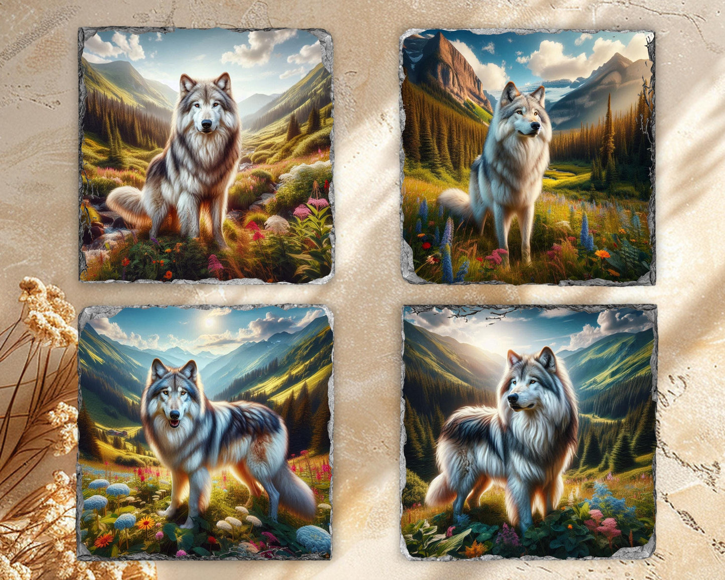 Artistic Wolf Mountain Slate Coaster Set Ideal Gift for Wildlife Lovers and Housewarmings