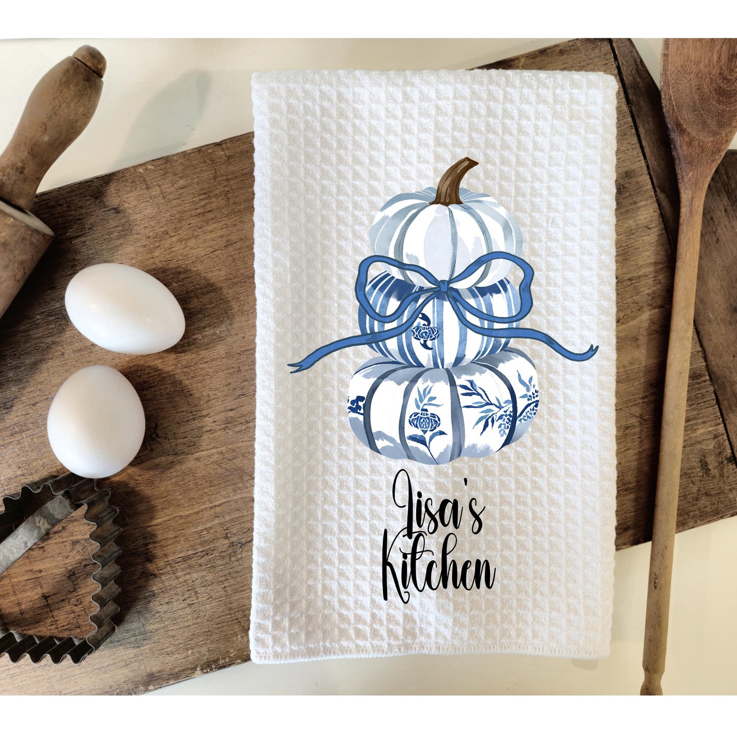 Personalized Blue Pumpkin Topiary Towel, 16x24" Waffle Weave Microfiber with Bow, Chinoiserie Fall Pumpkins