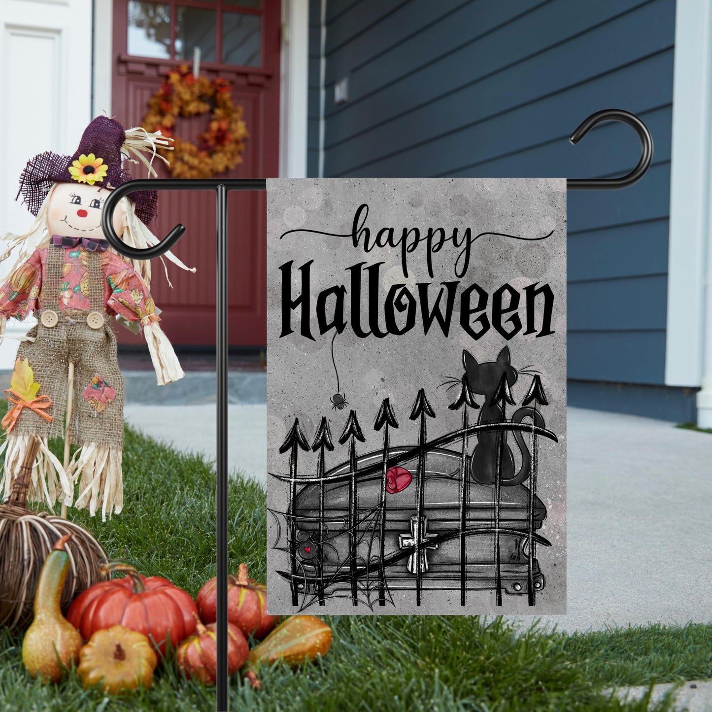 Double-Sided Halloween Garden Flag - Gothic Black Cat Spider Web Design 12x18 Inch