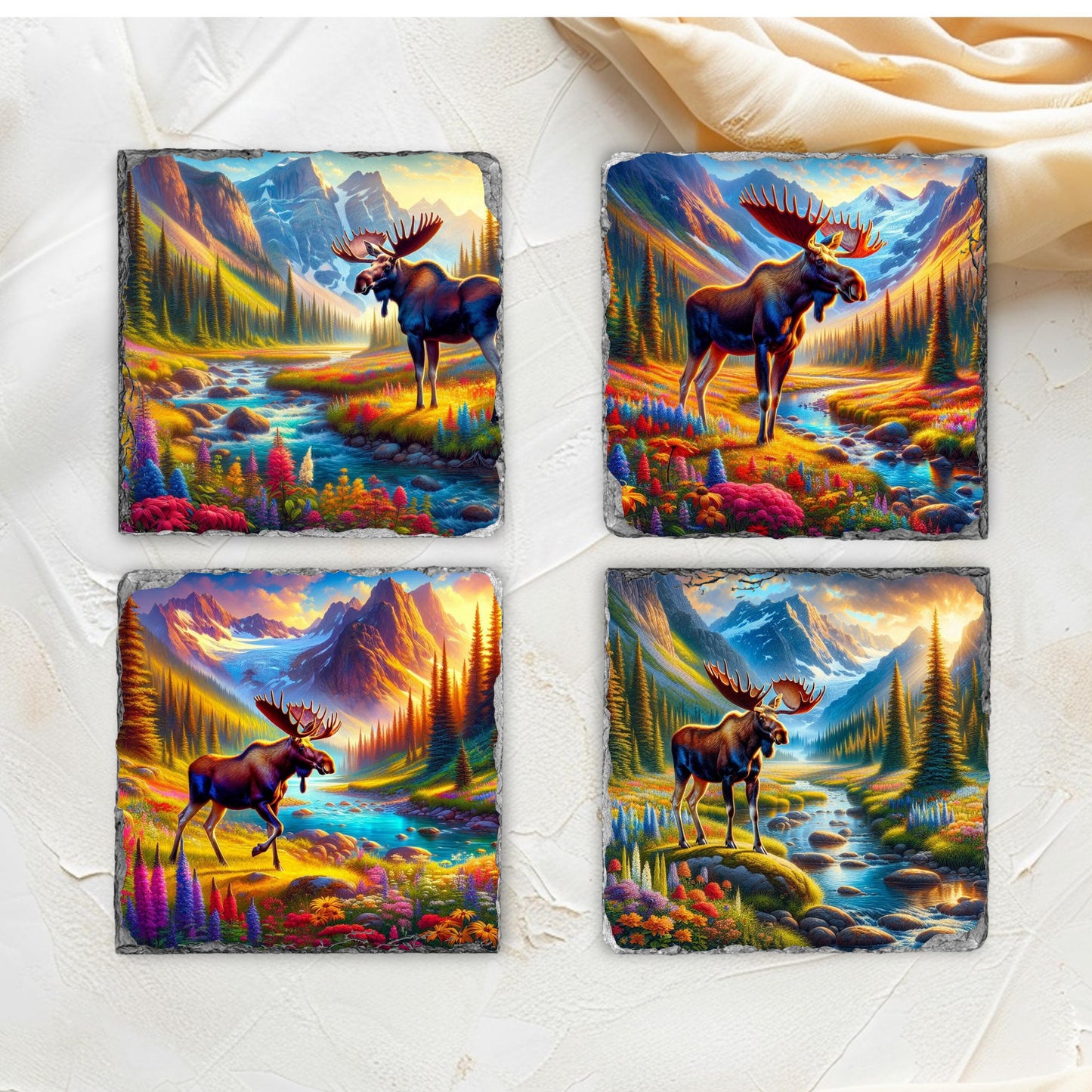 Slate Coaster Set with Moose Mountain Views - Fractured Edges Ideal Nature Lover Gift