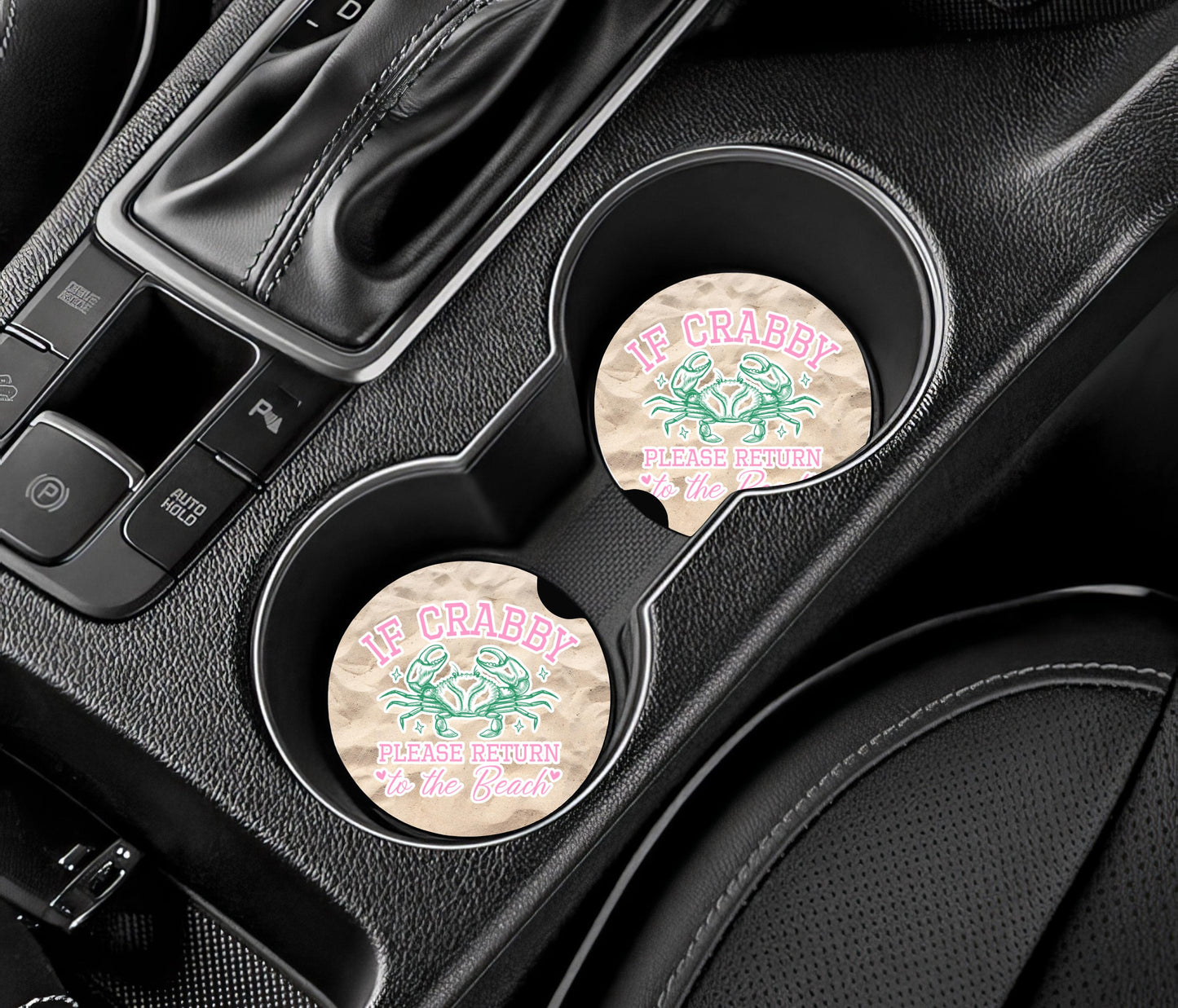 Sandstone Car Coasters with Crab Quote - Beach-Themed Cup Holder Accessories
