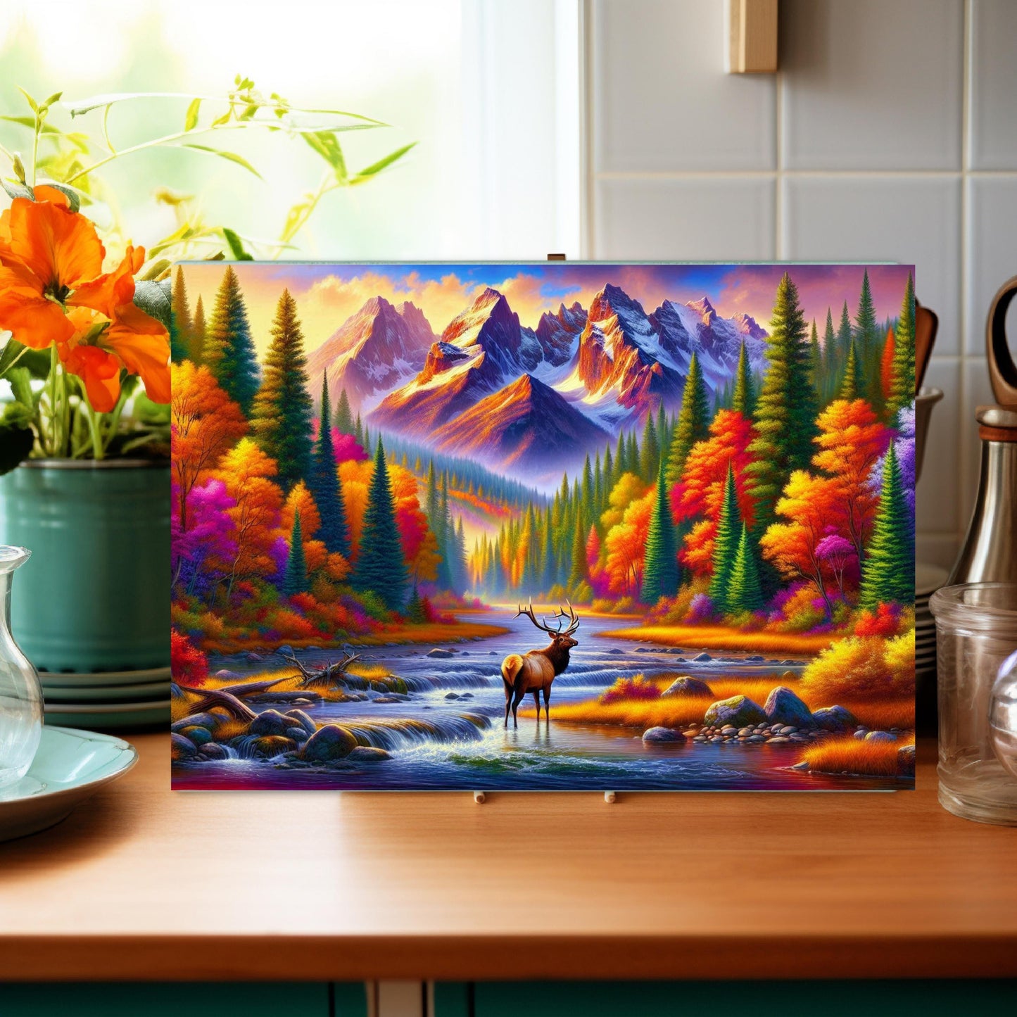 Glass Cutting Board with Elk in Mountain River Design - Fall Wildlife Kitchen Decor