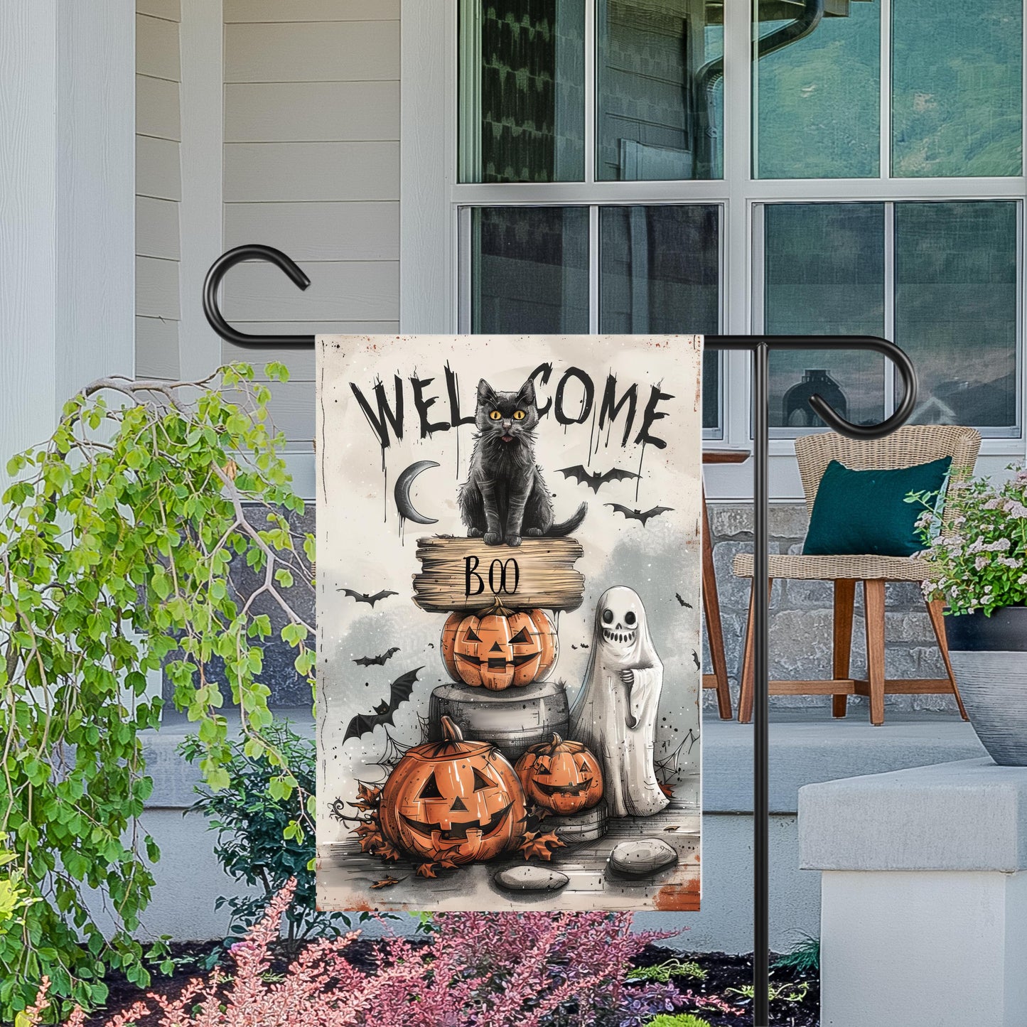 Spooky Halloween Garden Flag - Black Cat Ghosts Bats Design 12x18 Inch Outdoor Decor