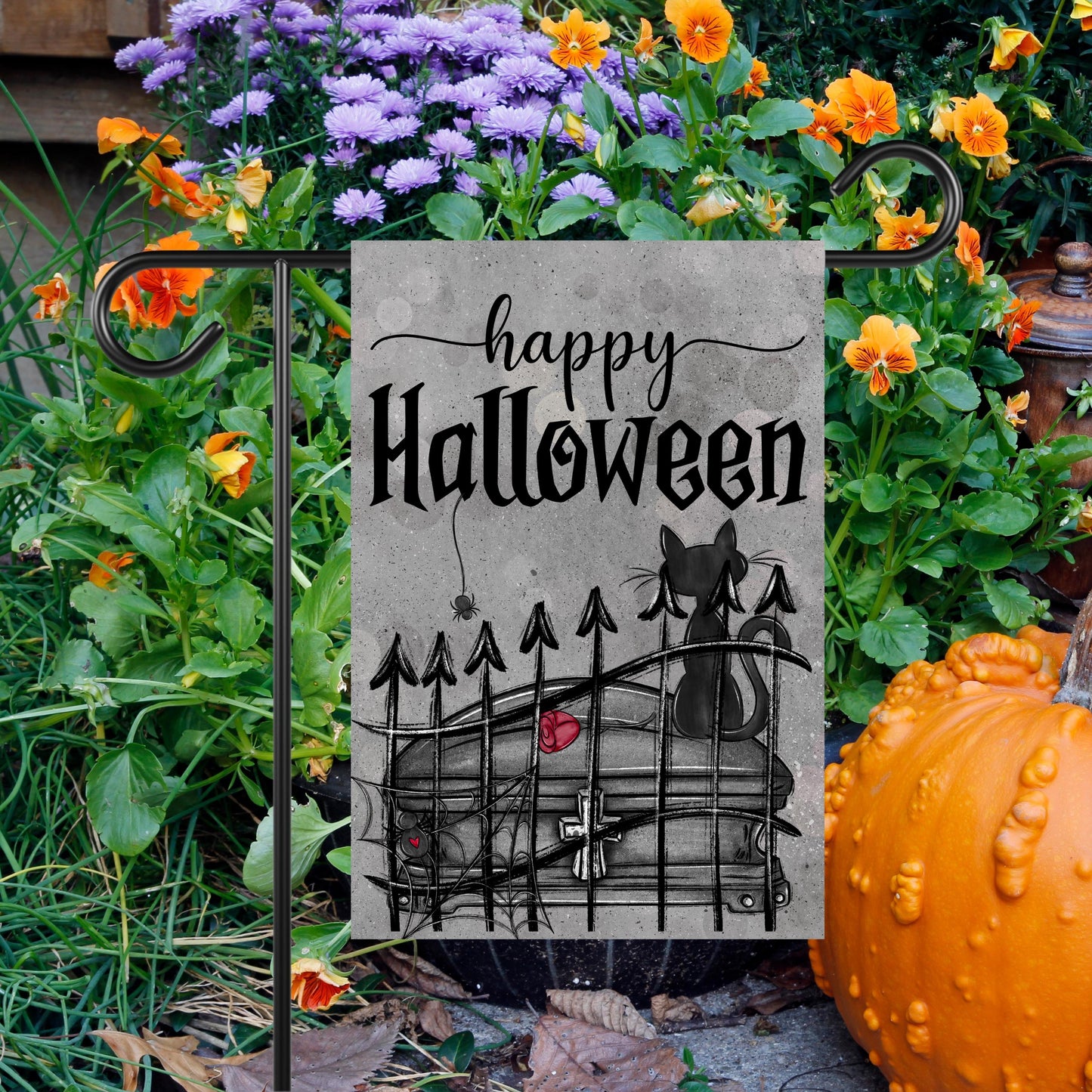 Double-Sided Halloween Garden Flag - Gothic Black Cat Spider Web Design 12x18 Inch