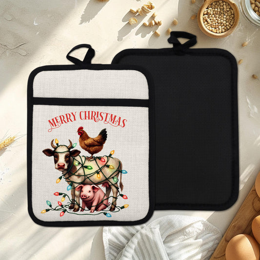 Funny Farm Animal Christmas Pot Holder - Cow Pig  Chicken Design Rustic Linen Hot Pad for Festive Kitchen Decor