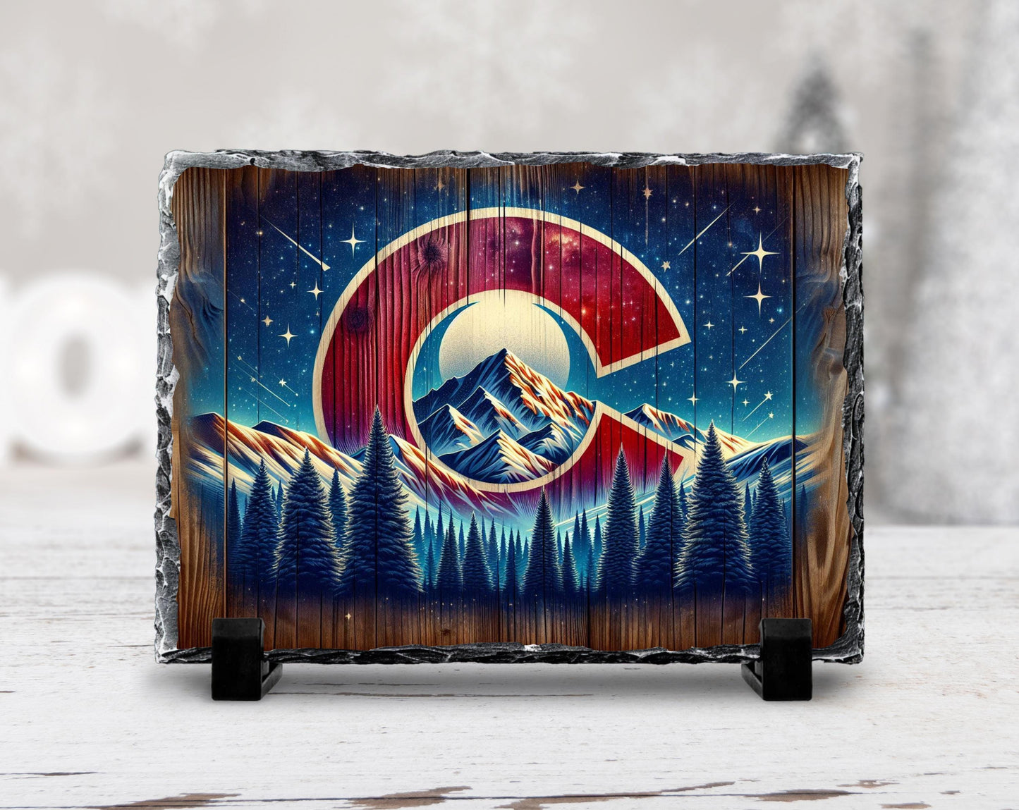 Handcrafted Slate Art - Colorado Mountain Scene with Night Sky Shooting Stars Rustic Home Decor Gift