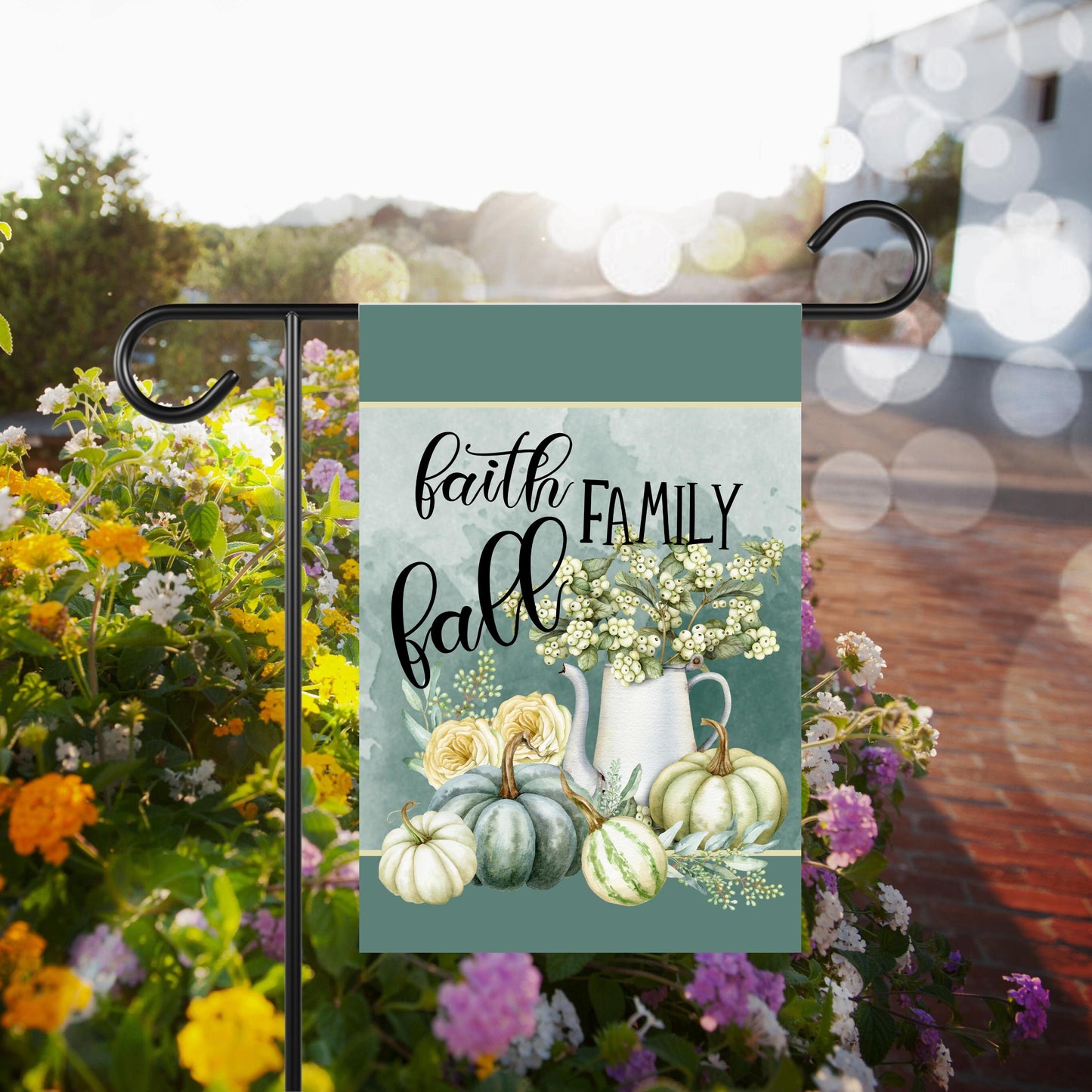 Teal Blue Fall Garden Flag with Faith Family Quote - Double-Sided 12x18 Inch Decor