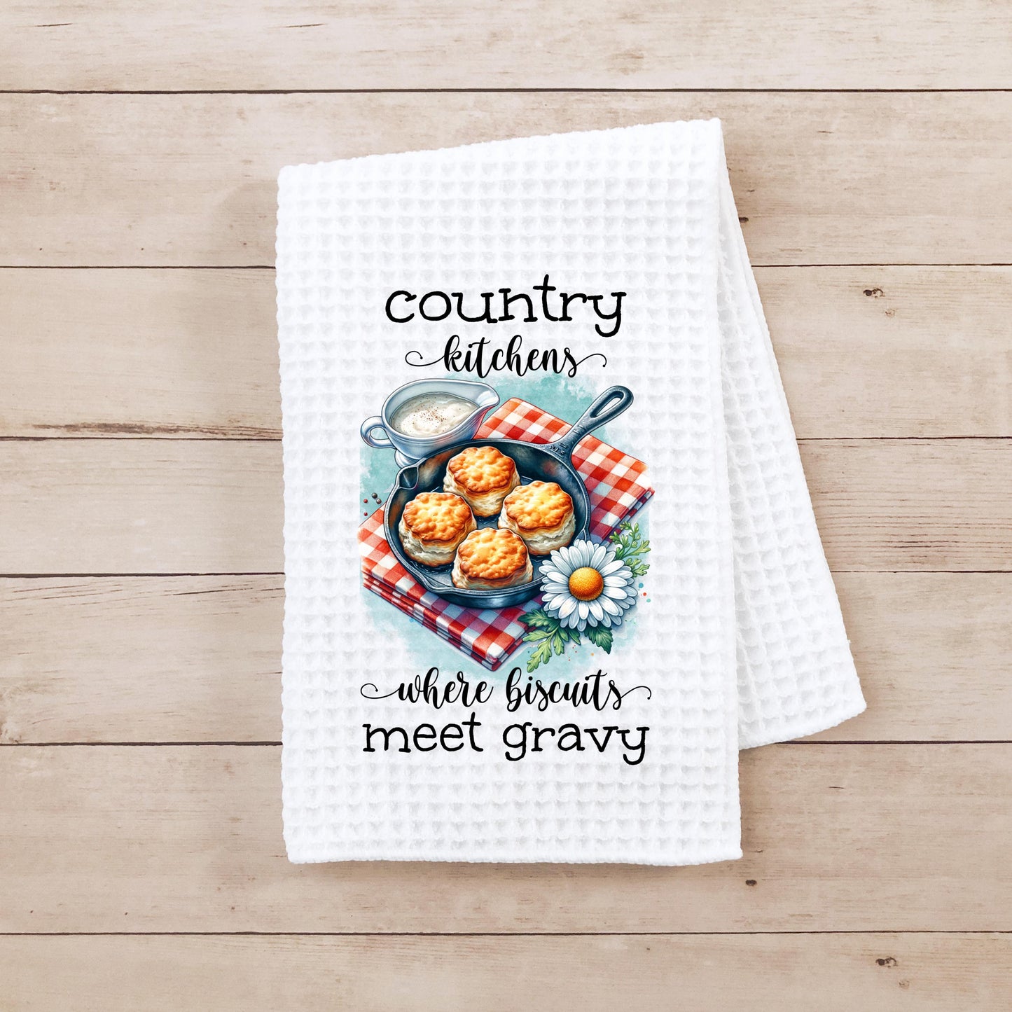 Country Kitchen Waffle Weave Towel, Charming Rustic Farmhouse Towel, Unique Hostess Gift, Cute Towel for Mom, Farmhouse Charm, Biscuit Theme