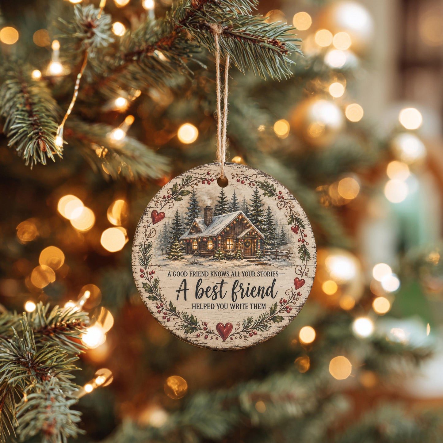 A wooden ornament hanging from a Christmas tree, featuring a cabin and a quote about the importance of good friends.
