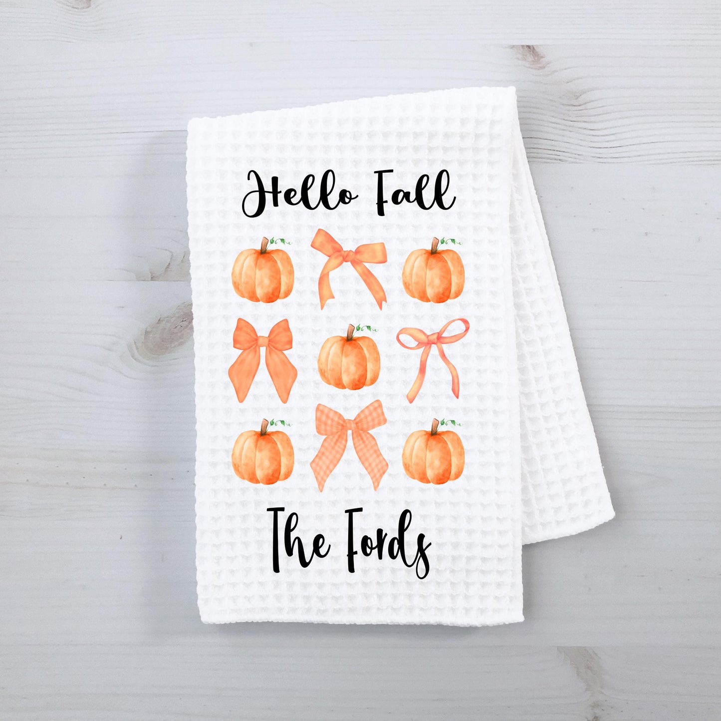 Personalized Hello Fall Waffle Weave Towel, Autumn Waffle Weave Towel, Unique Hostess Gift, Custom Kitchen Decor, Fall Theme Towel