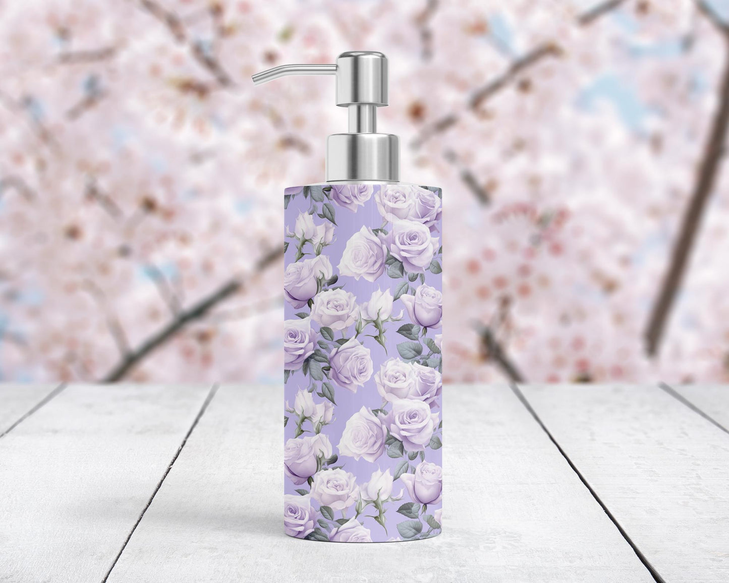 Stainless Steel Hand Soap or Lotion Pump Dispenser with Elegant Purple Roses - Unique Housewarming Gift for Her