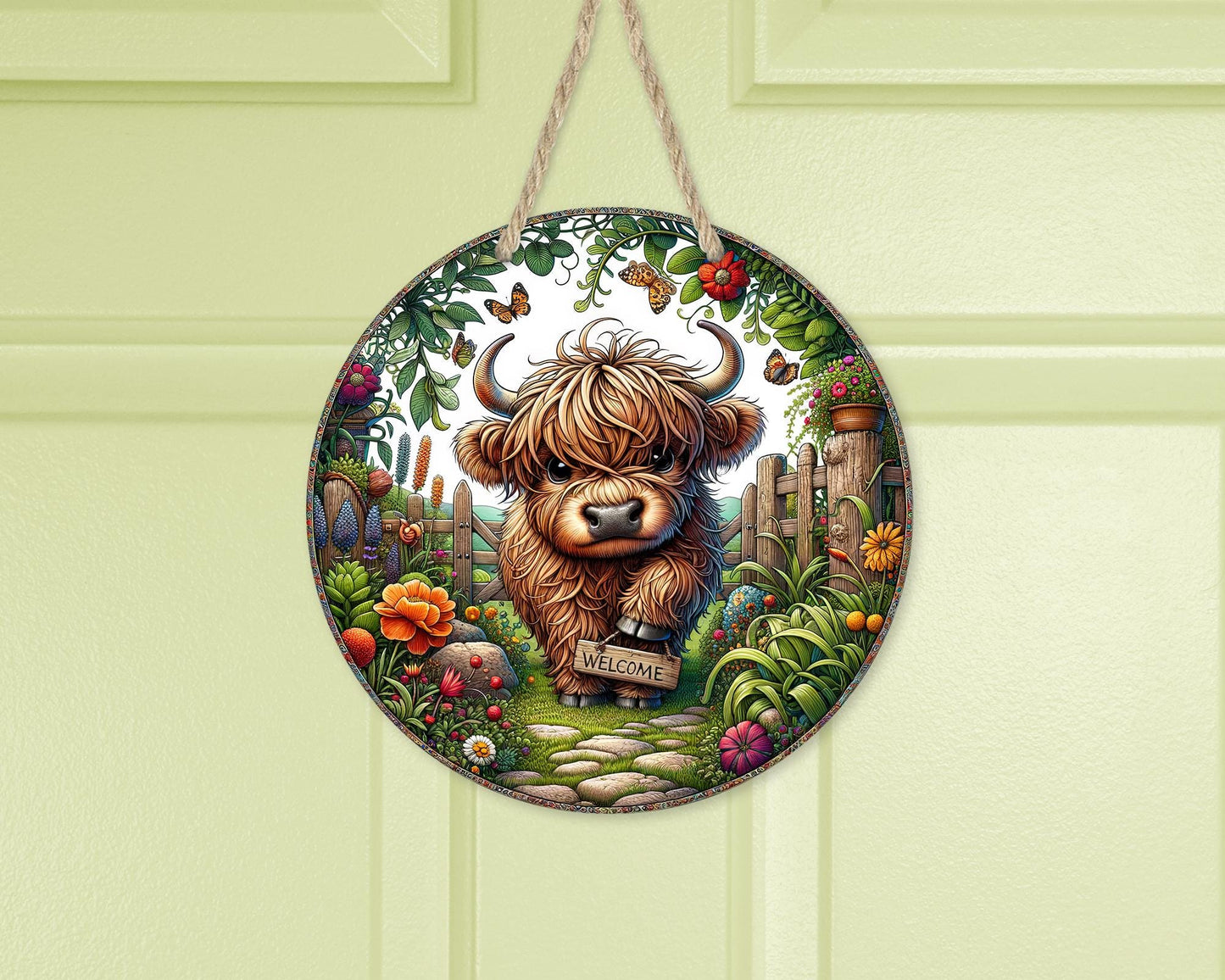 Colorful Baby Highland Cow Door Wreath, 10x10 Aluminum Round Sign with Flowers, Unique Gifts for Cow Lovers, Whimsical Decor, Housewarming