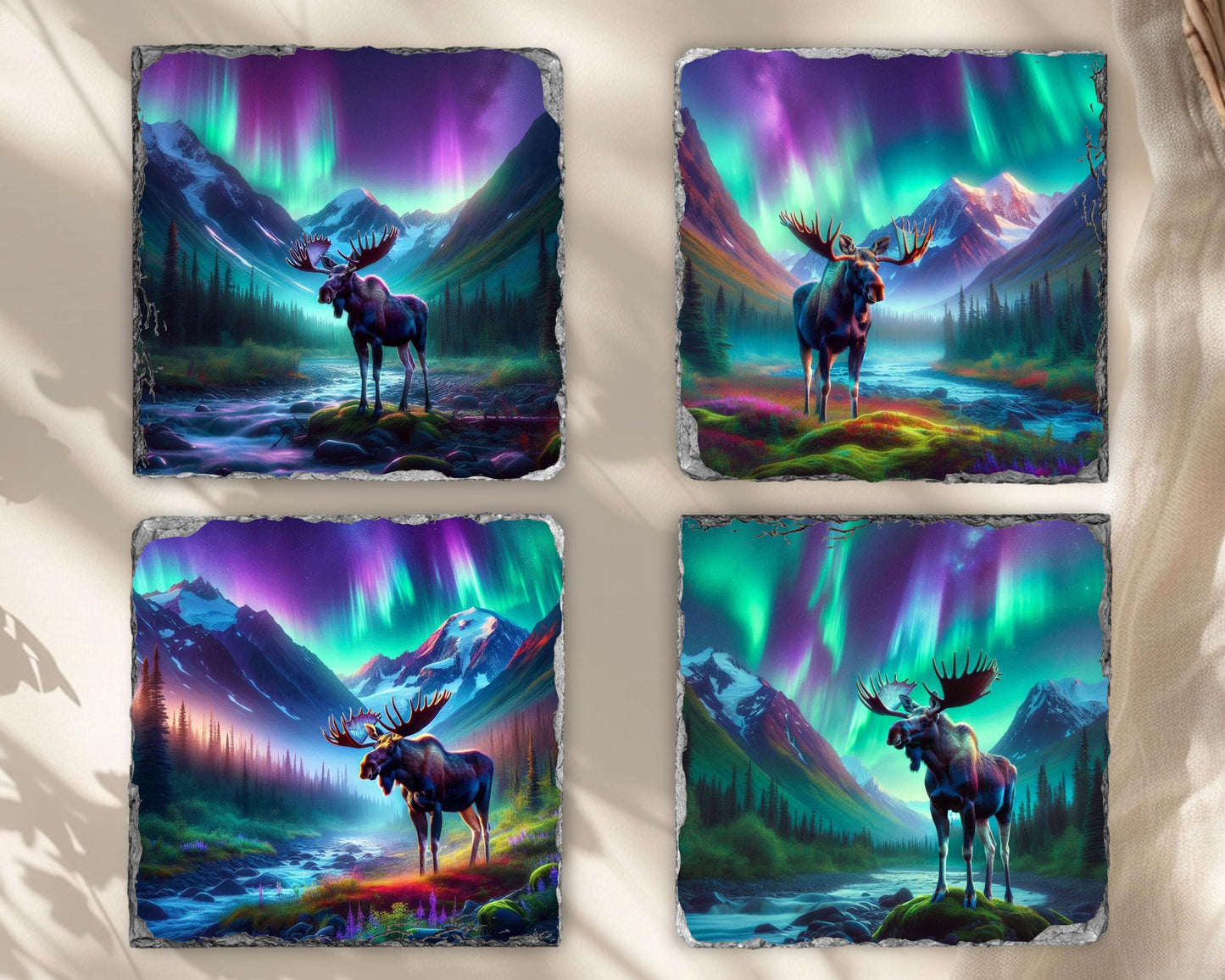 Rustic Slate Coaster Set with Moose Design - Ideal Cabin Gift for Nature Enthusiasts