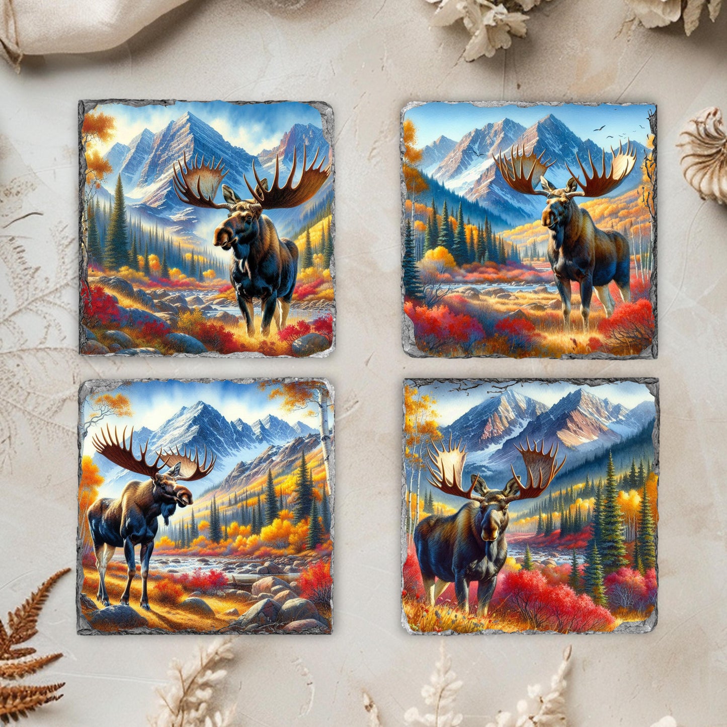 Slate Coaster Featuring Moose in Autumn Mountain Valley Ideal Gift for Nature Enthusiasts