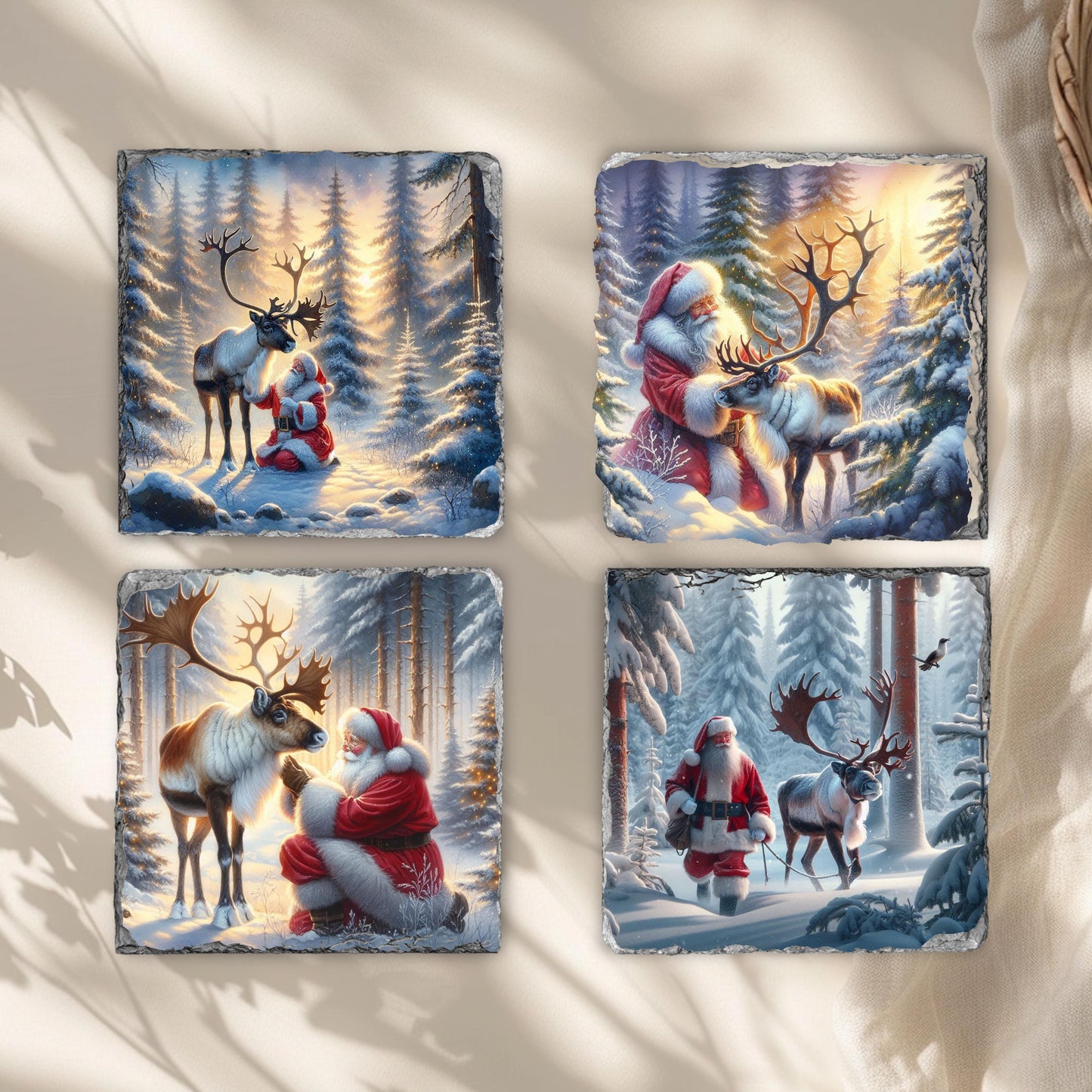 Fractured Edge Slate Coaster Set with Santa Reindeer Winter Scene 4 Sublimation Images Black Rack Perfect Holiday Gift