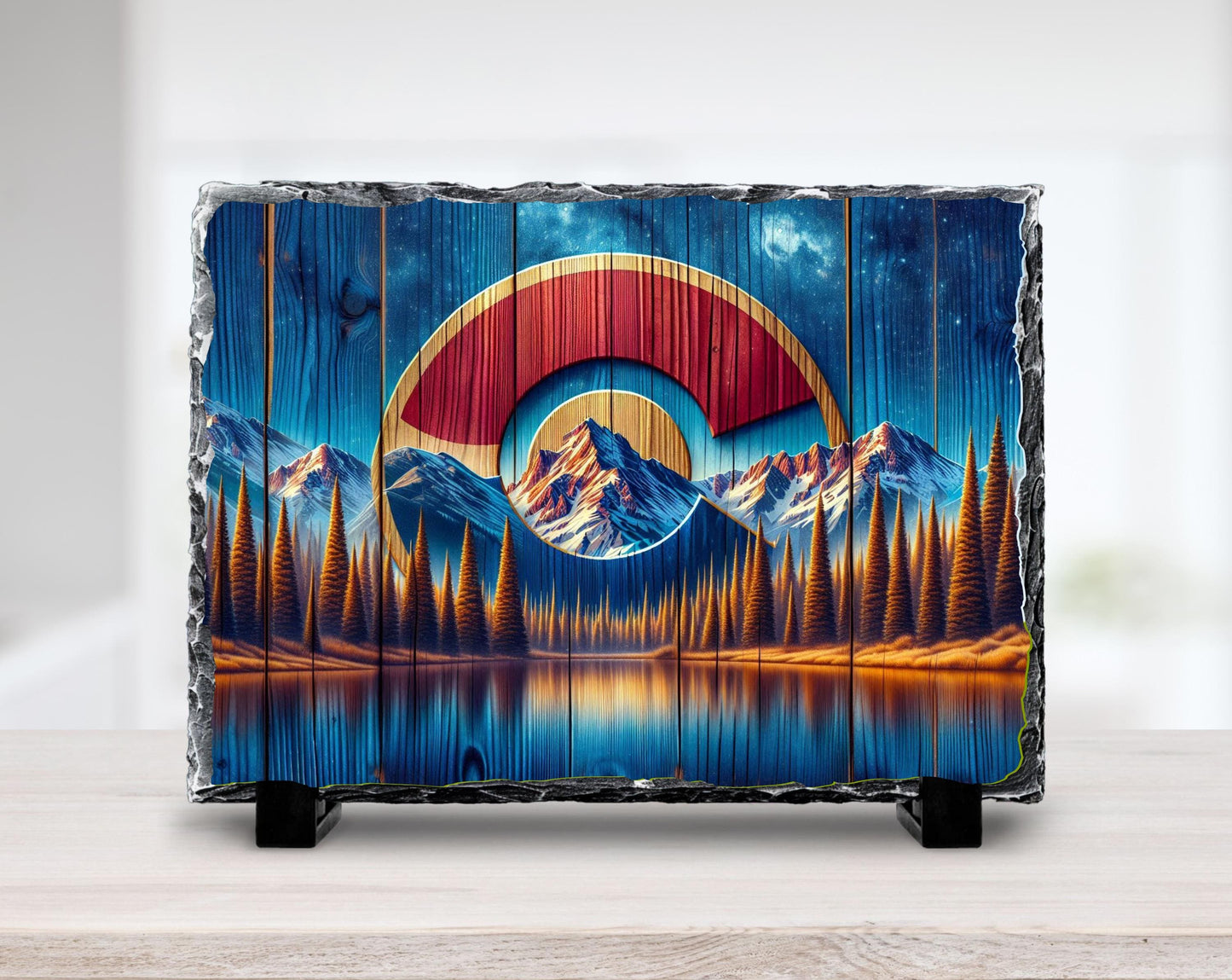 Colorado C Slate Plaque - Rustic Faux Wood Design with Mountains Lake Milky Way Sky - Perfect Gift for Colorado Lovers