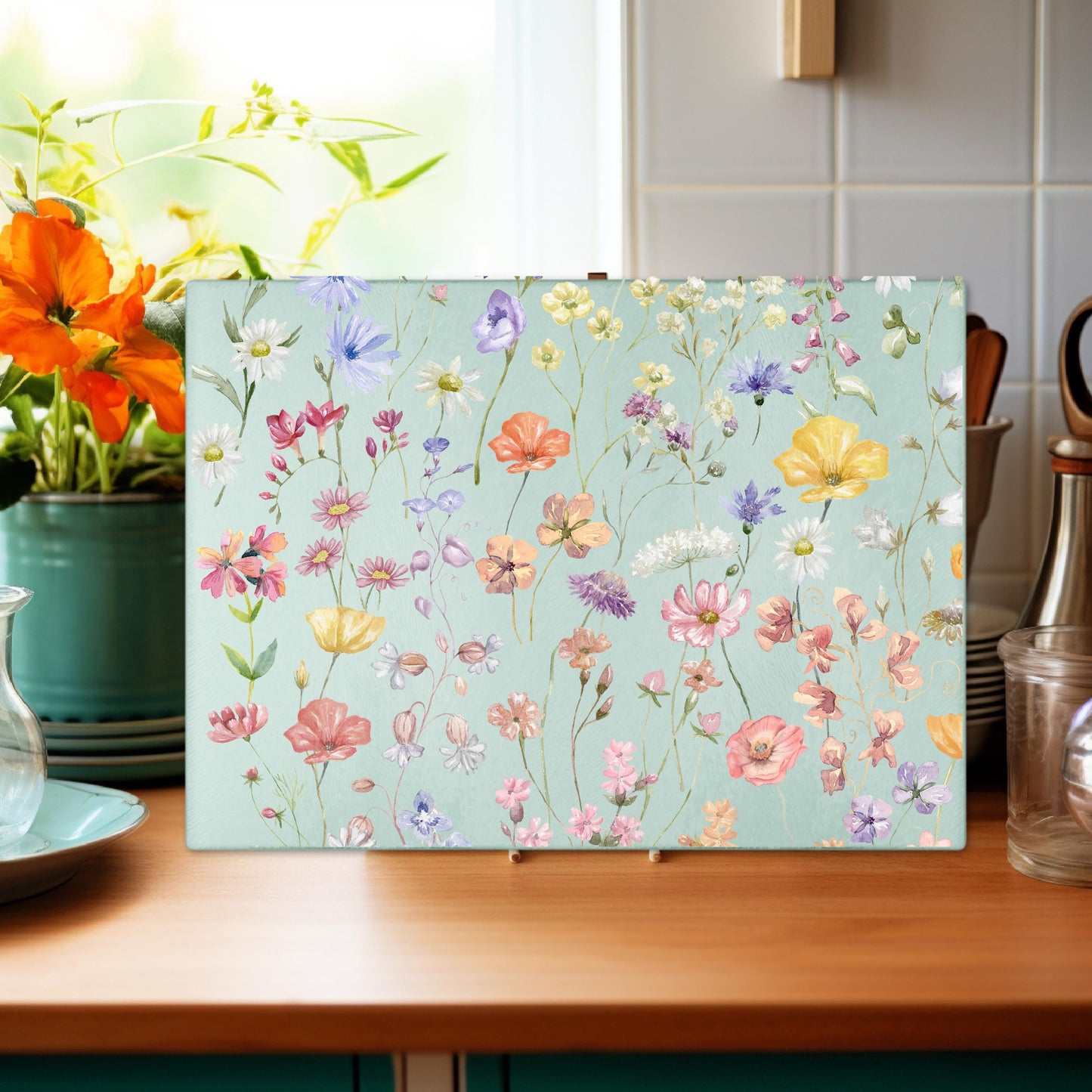 Boho Wildflowers Glass Cutting Board, Unique Kitchen Decor, Hostess Housewarming Gift, Unique Gift for Bride, Charcuterie Board, Textured